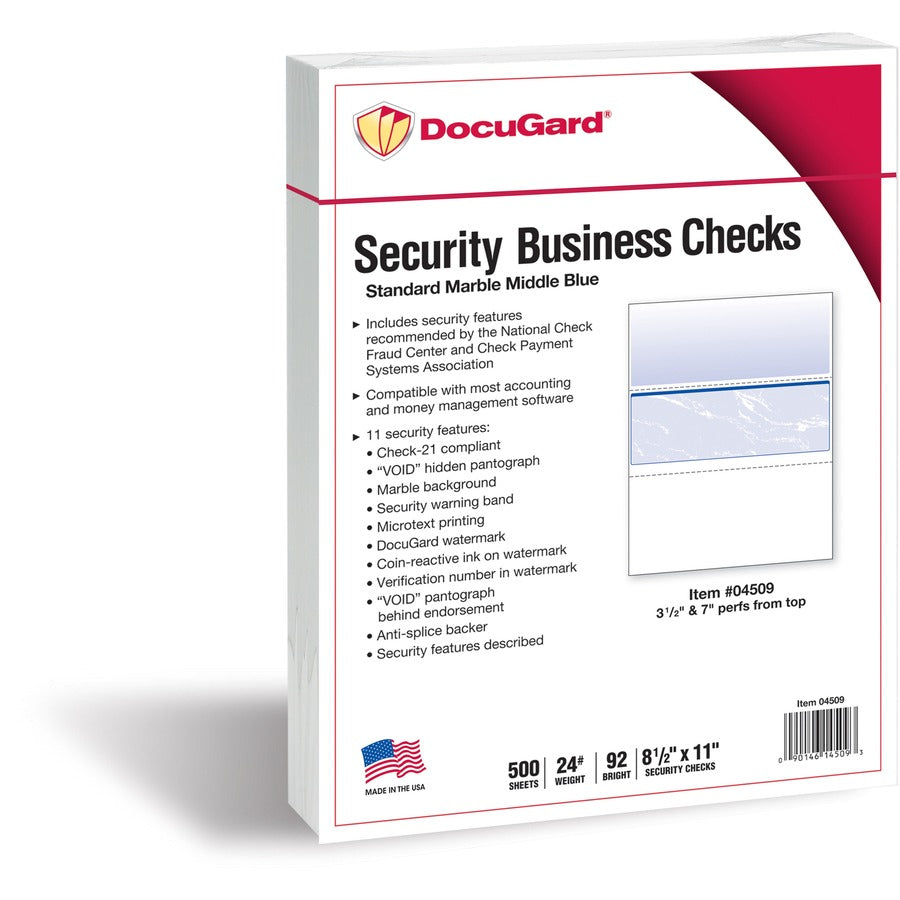 DocuGard Security Business Checks - Letter - 8 1/2" x 11" - 24 lb Basis Weight - Smooth - Watermarked, Pantograph, Coin-reactive Ink, Microtext Printing, Security Features Listing, Perforated, Security Warning, Patterned - Marble Blue - 500 / Ream