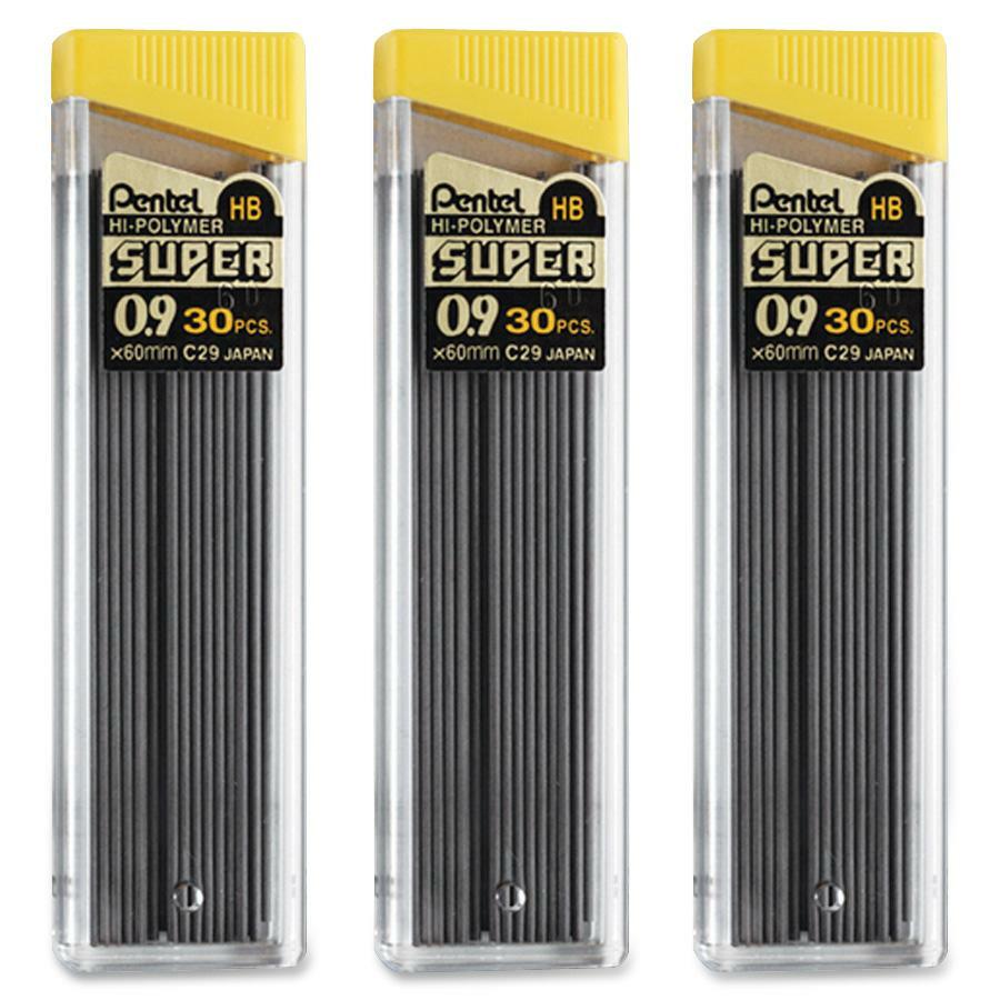 Pentel Super Hi-Polymer 0.9mm HB Black Lead Refills, Bold Point, 30 Leads per Tube, 3 Tubes per Pack