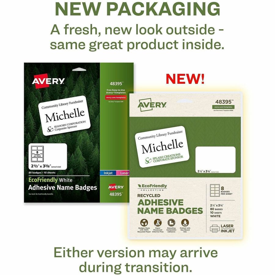 Avery Eco-friendly Premium Name Badge Labels, Matte White, Removable Adhesive, Rectangle, 2 21/64" x 3 3/8", 8 Labels/Sheet, 8 Sheets, 80 Labels/Pack, Recyclable, PVC-free, Chlorine-free, FSC Certified