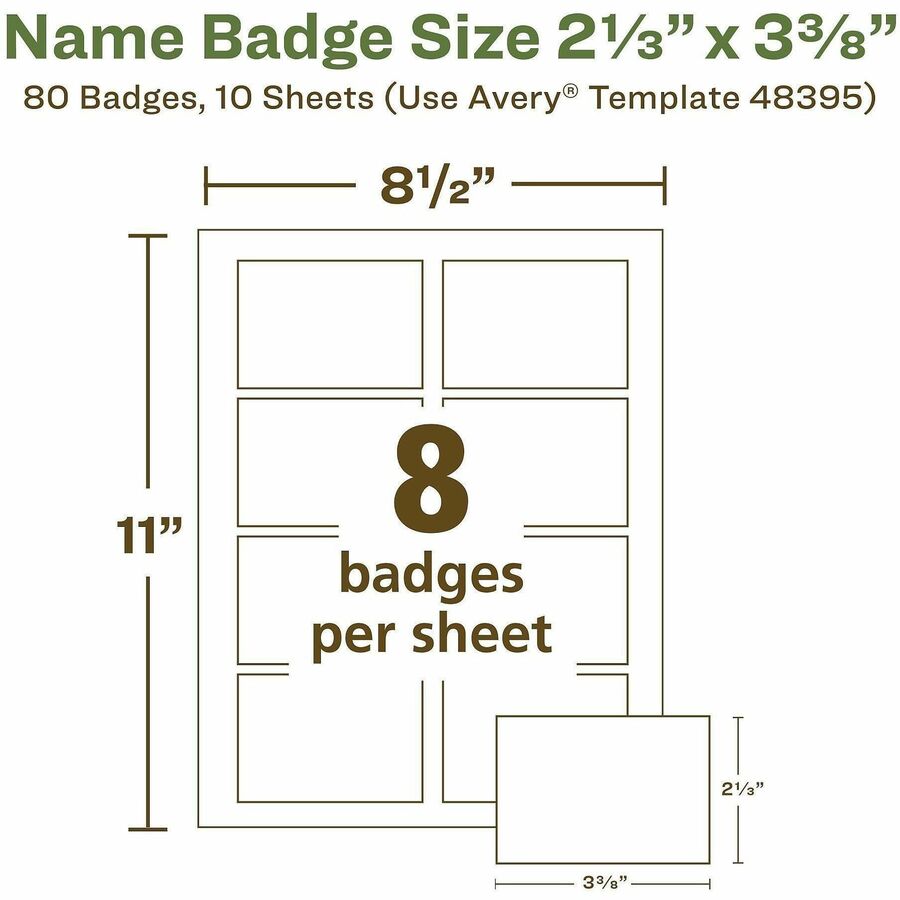 Avery Eco-friendly Premium Name Badge Labels, Matte White, Removable Adhesive, Rectangle, 2 21/64" x 3 3/8", 8 Labels/Sheet, 8 Sheets, 80 Labels/Pack, Recyclable, PVC-free, Chlorine-free, FSC Certified