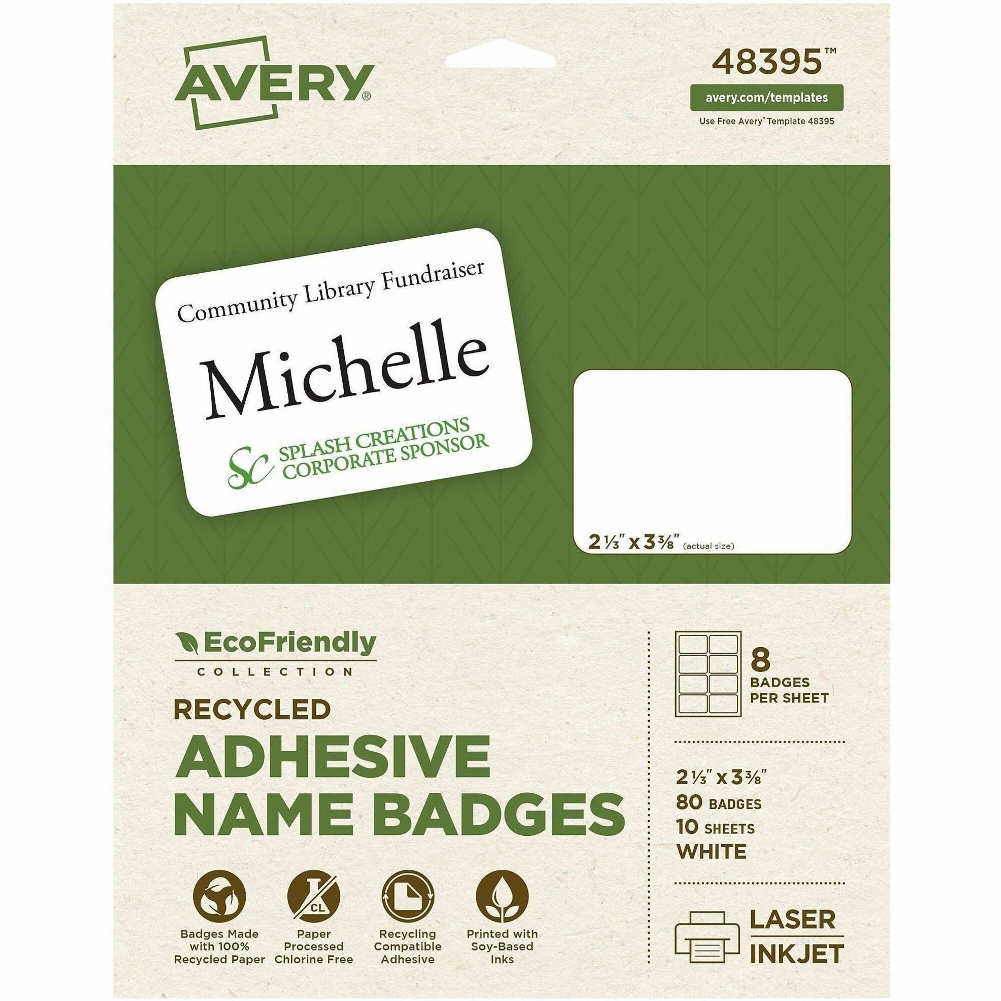 Avery Eco-friendly Premium Name Badge Labels, Matte White, Removable Adhesive, Rectangle, 2 21/64" x 3 3/8", 8 Labels/Sheet, 8 Sheets, 80 Labels/Pack, Recyclable, PVC-free, Chlorine-free, FSC Certified