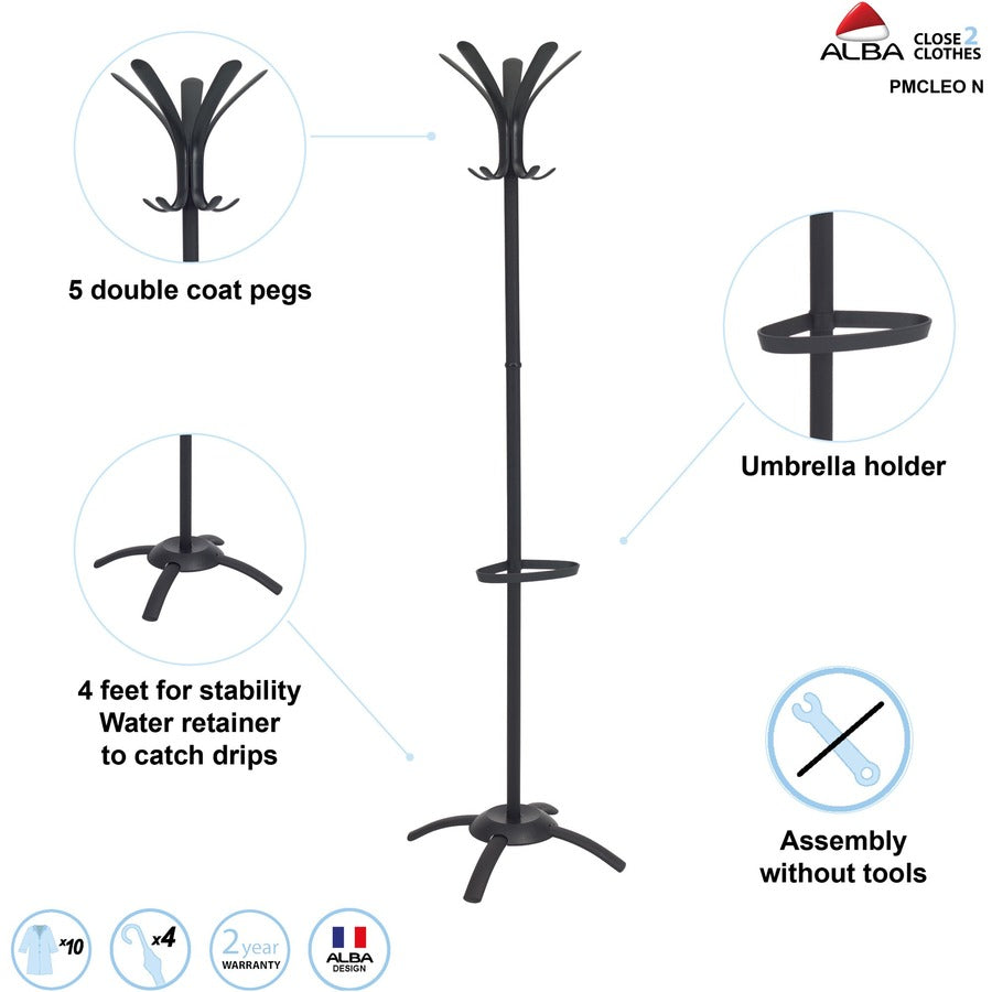 10 Pegs - 68.9" Height x 19.7" Width - for Coat, Umbrella, Clothes - Metal - Black - Powder Coated - 1 Each