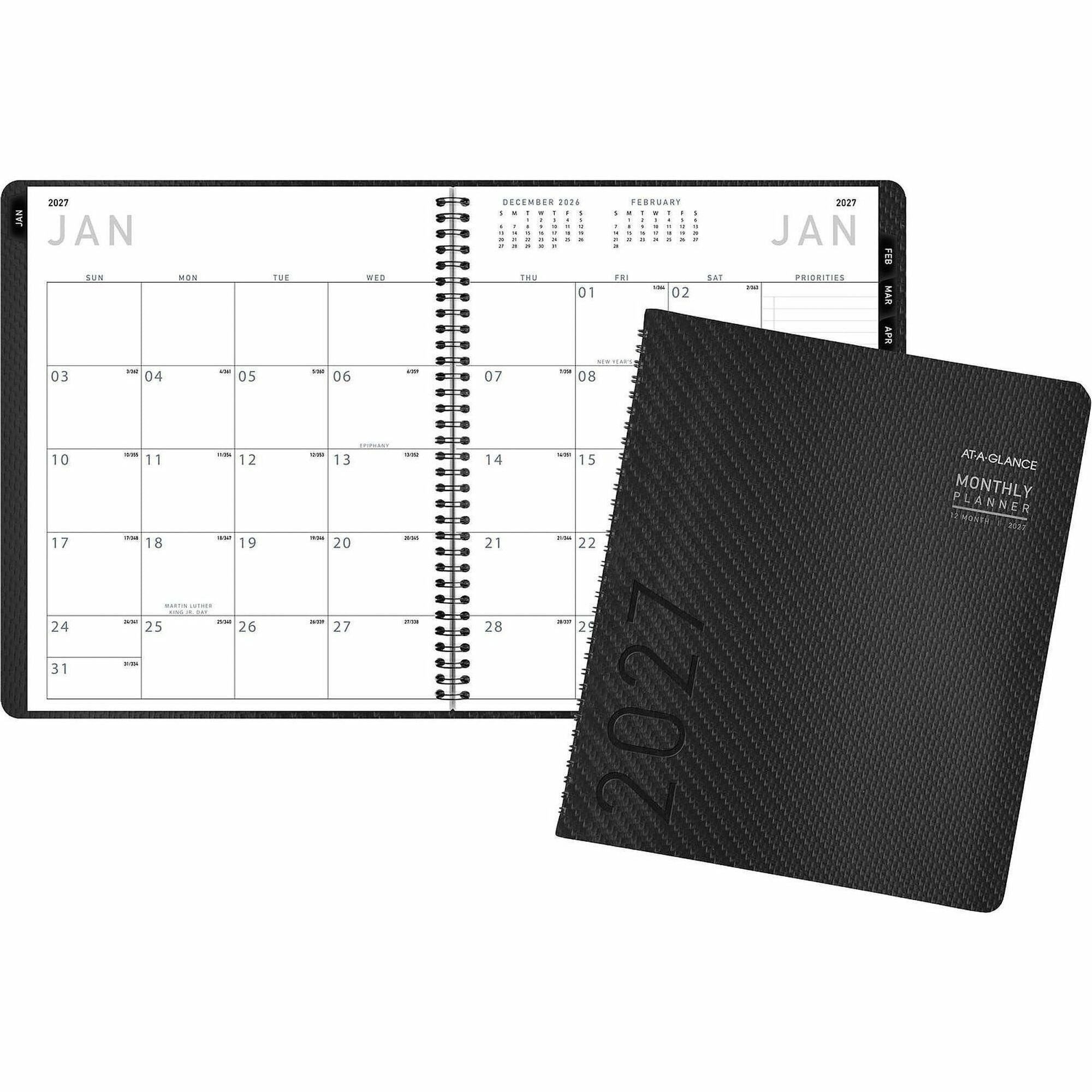 At-A-Glance Contemporary Planner, Large, Monthly, January 2026–December 2026, 9" x 11" White Sheets, Wire Bound, Charcoal Gray Faux Leather, Textured Cover, Notepad, Tabbed, Double Pocket, 1 Each