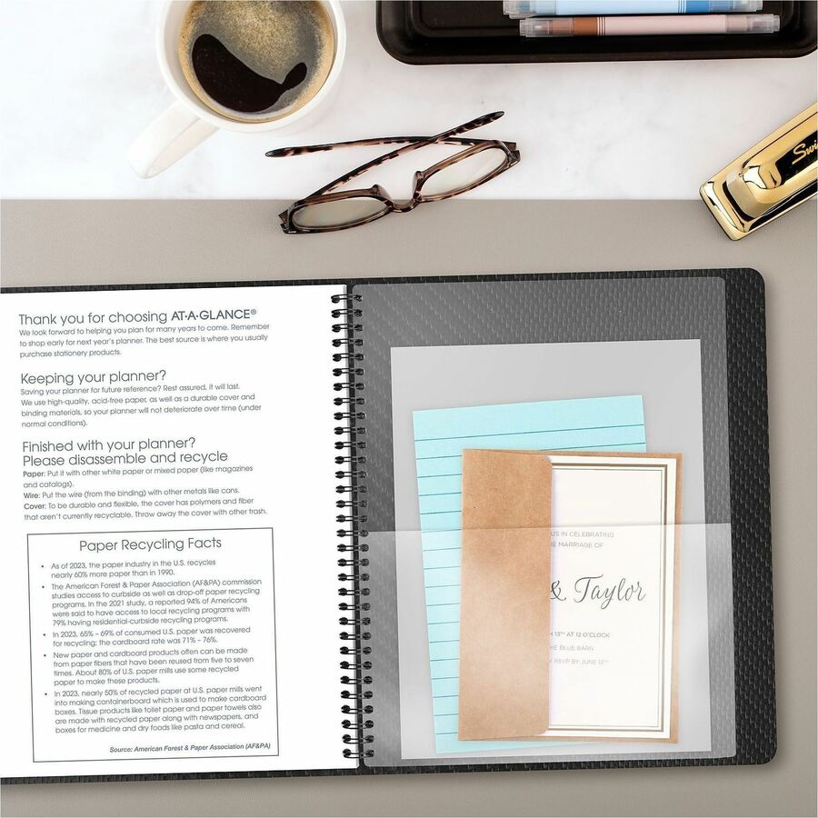 At-A-Glance Contemporary Planner, Large, Monthly, January 2026–December 2026, 9" x 11" White Sheets, Wire Bound, Charcoal Gray Faux Leather, Textured Cover, Notepad, Tabbed, Double Pocket, 1 Each