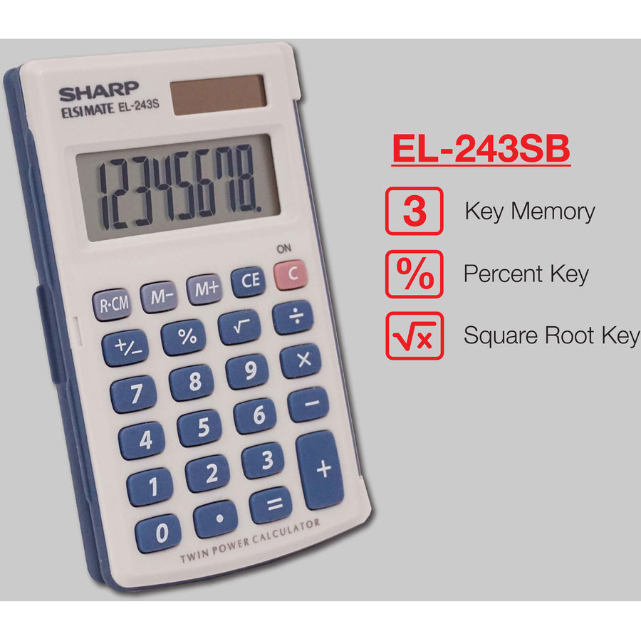 3-Key Memory, Sign Change, Auto Power Off - 8 Digits - LCD - Battery/Solar Powered - 1 x LR1130 - 0.4" Height x 2.5" Width x 4.1" Depth - Gray, Blue - 1 Each