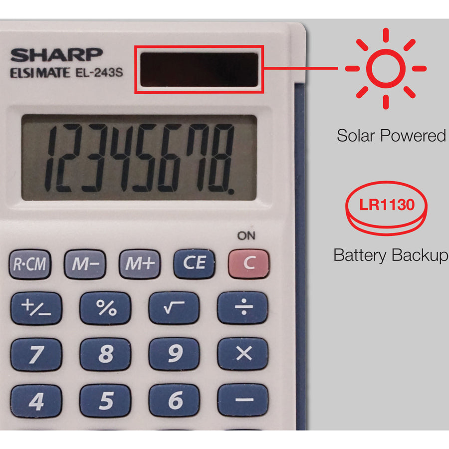 3-Key Memory, Sign Change, Auto Power Off - 8 Digits - LCD - Battery/Solar Powered - 1 x LR1130 - 0.4" Height x 2.5" Width x 4.1" Depth - Gray, Blue - 1 Each