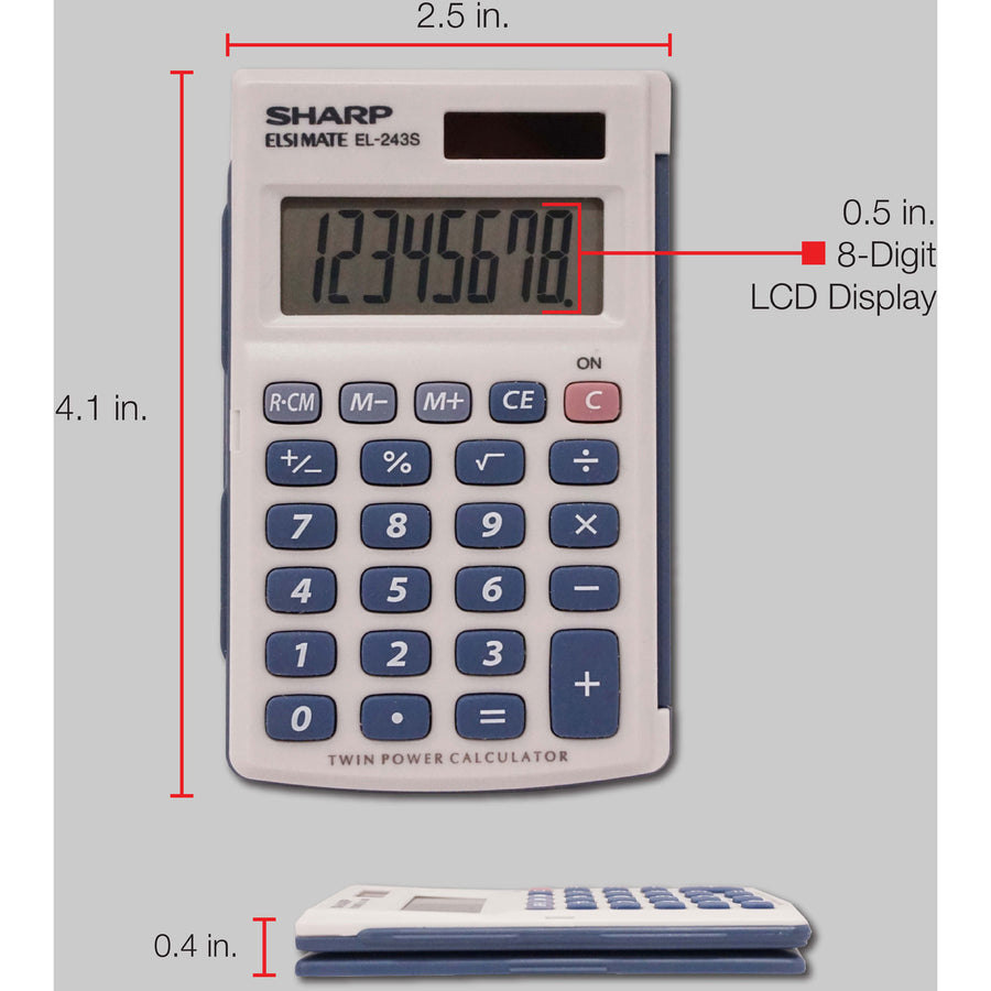 3-Key Memory, Sign Change, Auto Power Off - 8 Digits - LCD - Battery/Solar Powered - 1 x LR1130 - 0.4" Height x 2.5" Width x 4.1" Depth - Gray, Blue - 1 Each