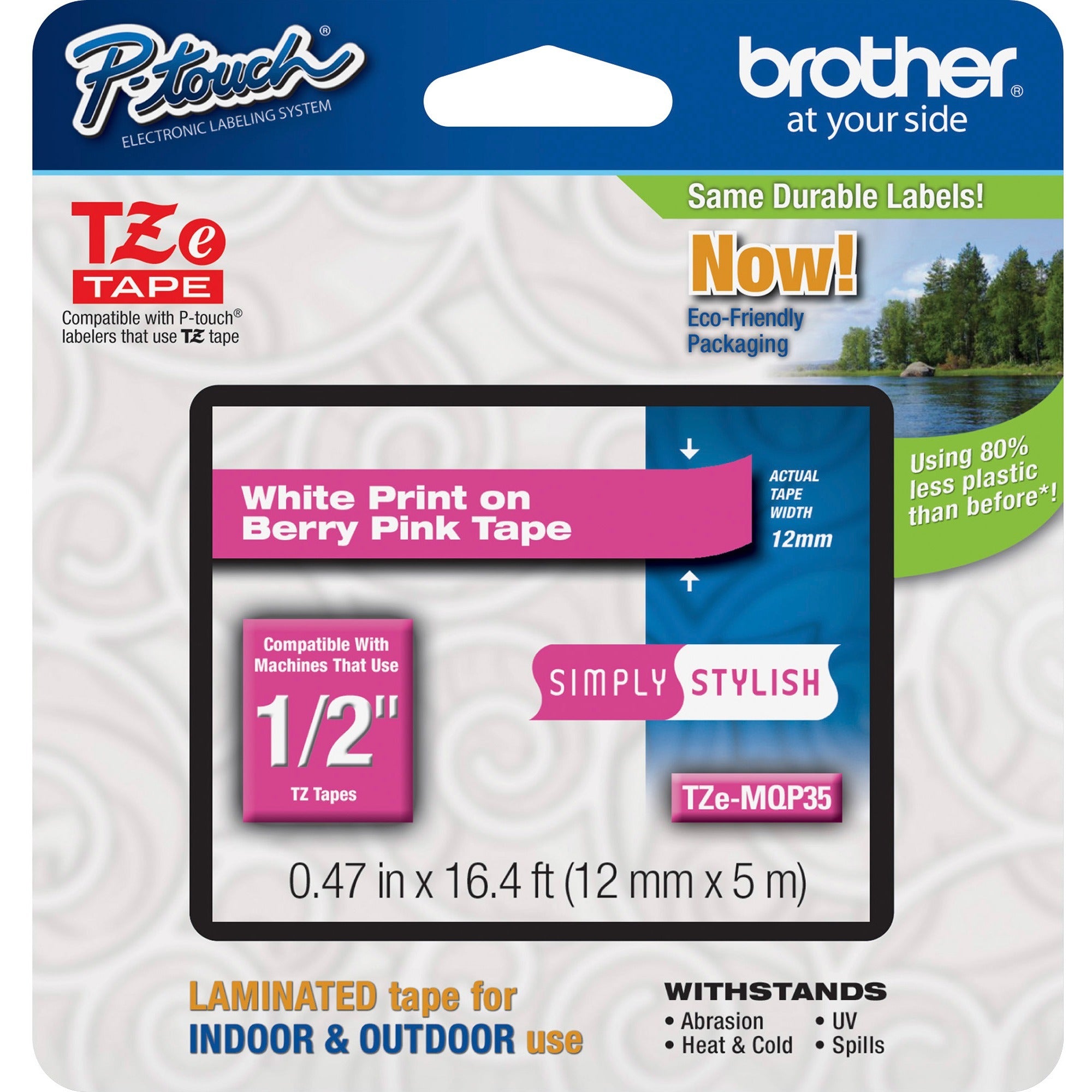 P-touch TZe Laminated Tape - x 15/32" Width x 16 13/32 ft Length - Direct Thermal, Thermal Transfer - Berry Pink - Water Resistant - Laminated - Abrasion Resistant, Chemical Resistant, Fade Resistant, Temperature Resistant - 1 Each