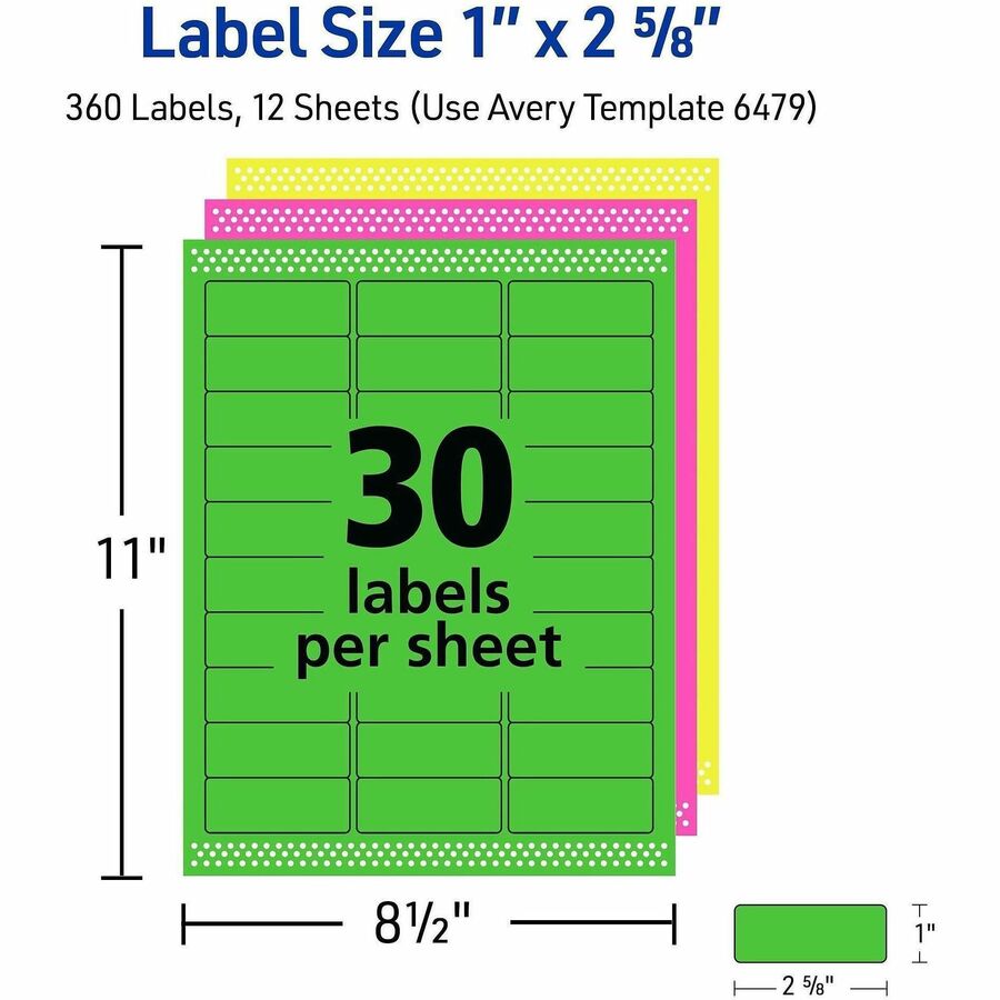 Avery&reg; Multipurpose Label - 1" Width x 2 5/8" Length - Removable Adhesive - Rectangle - Inkjet, Laser - Neon Green, Neon Magenta, Neon Yellow - Paper - 30 / Sheet - 12 Total Sheets - 360 Total Label(s) - 360 / Pack