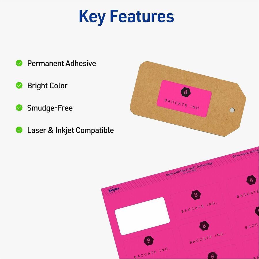Avery&reg; Multipurpose Label - 1" Width x 2 5/8" Length - Removable Adhesive - Rectangle - Inkjet, Laser - Neon Green, Neon Magenta, Neon Yellow - Paper - 30 / Sheet - 12 Total Sheets - 360 Total Label(s) - 360 / Pack