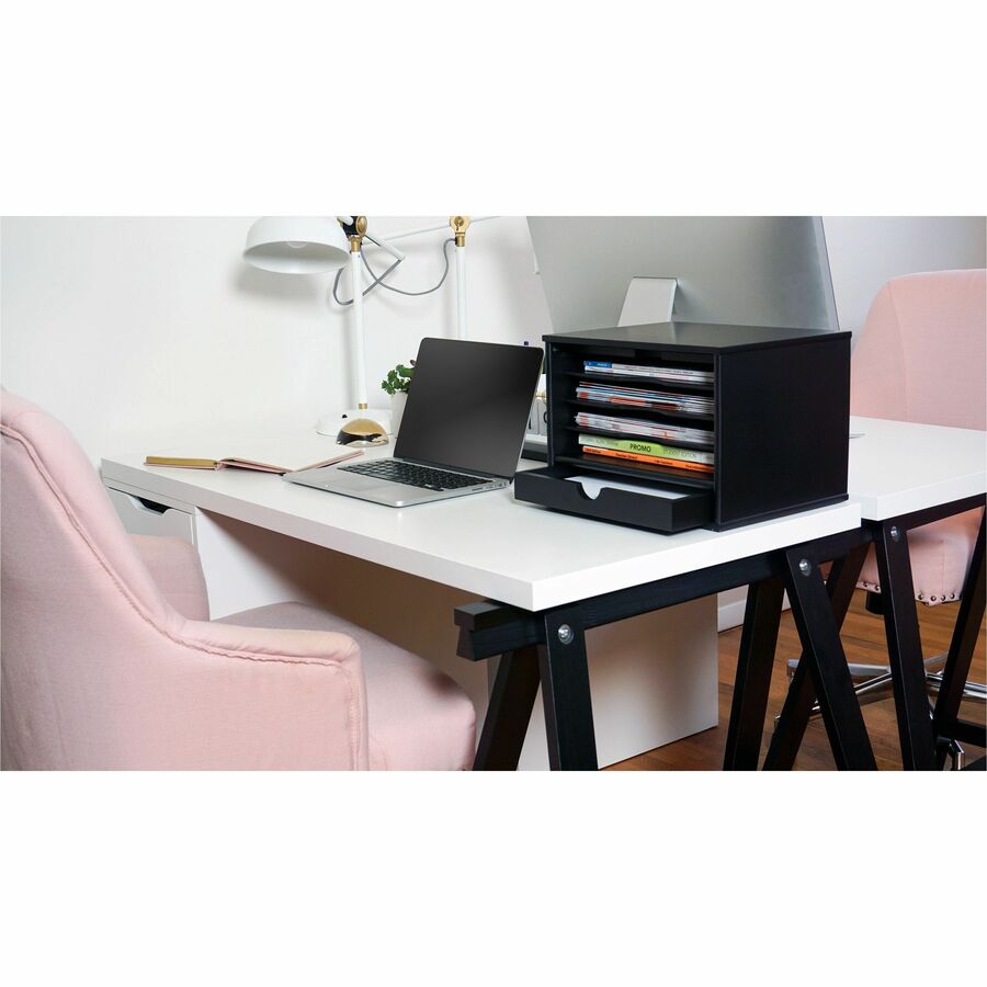 4 Compartment(s) - 1 Drawer(s) - 14" Height x 10.75" Width x 9.75" Depth - Desktop - Non-slip, Stackable, Molding Base - Matte Black - Black - Wood, Rubber, Faux Leather - 1 Each