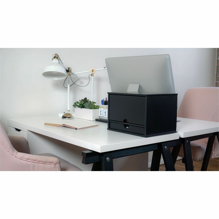 4 Compartment(s) - 1 Drawer(s) - 14" Height x 10.75" Width x 9.75" Depth - Desktop - Non-slip, Stackable, Molding Base - Matte Black - Black - Wood, Rubber, Faux Leather - 1 Each