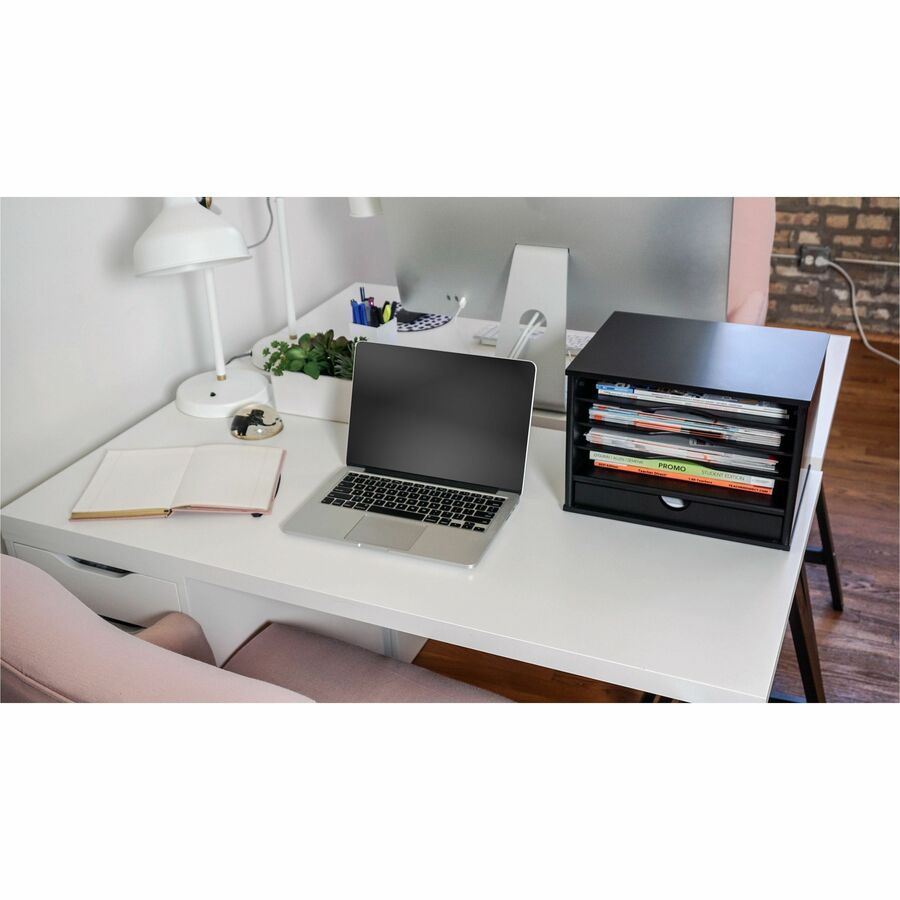 4 Compartment(s) - 1 Drawer(s) - 14" Height x 10.75" Width x 9.75" Depth - Desktop - Non-slip, Stackable, Molding Base - Matte Black - Black - Wood, Rubber, Faux Leather - 1 Each