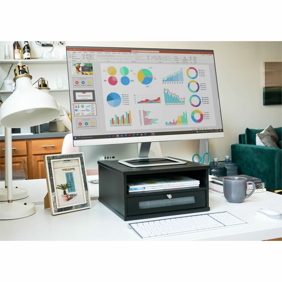 Flat Panel Display Type Supported - 1 x Shelf(ves) - DepthDesktop - Matte Black - Faux Leather, Wood, Glass, Metal - Black