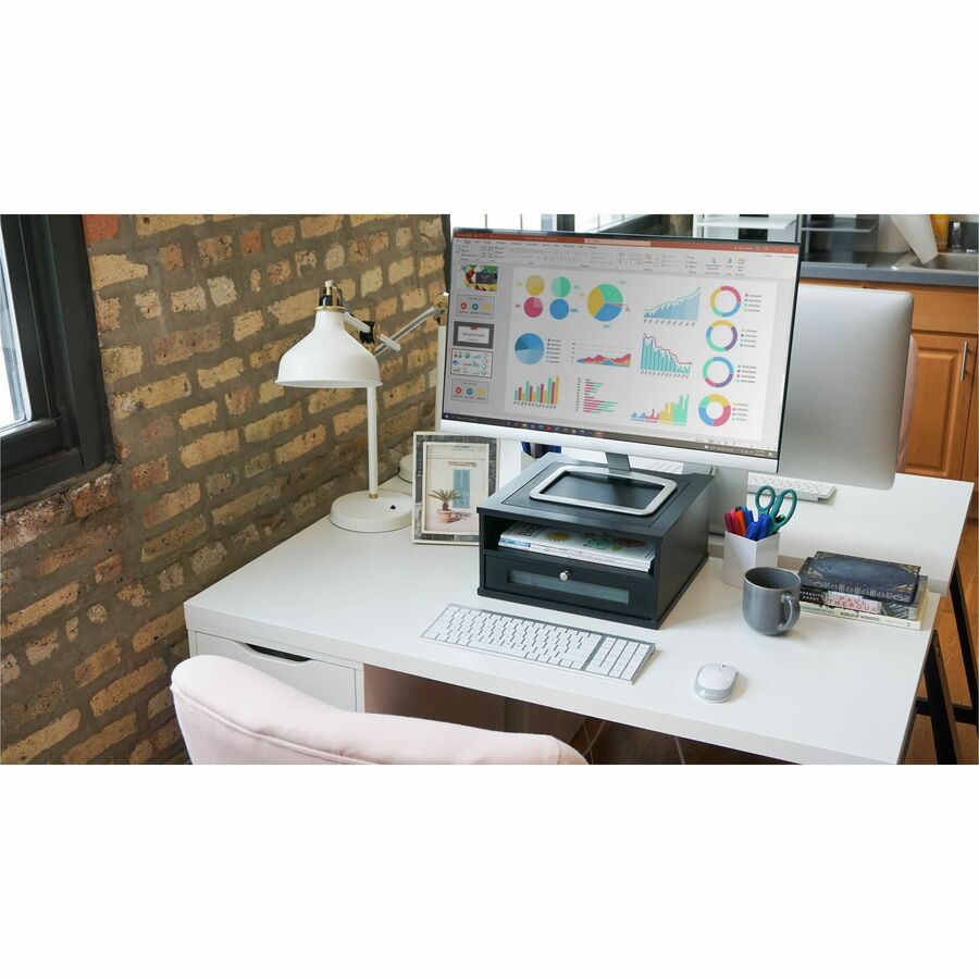 Flat Panel Display Type Supported - 1 x Shelf(ves) - DepthDesktop - Matte Black - Faux Leather, Wood, Glass, Metal - Black