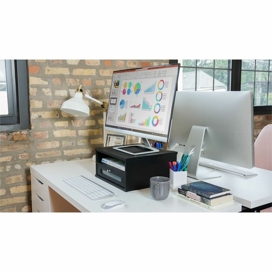 Flat Panel Display Type Supported - 1 x Shelf(ves) - DepthDesktop - Matte Black - Faux Leather, Wood, Glass, Metal - Black