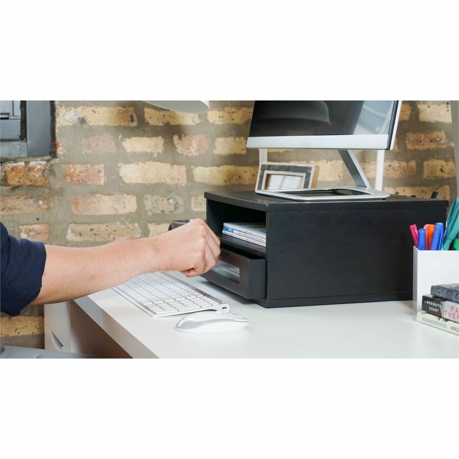 Flat Panel Display Type Supported - 1 x Shelf(ves) - DepthDesktop - Matte Black - Faux Leather, Wood, Glass, Metal - Black