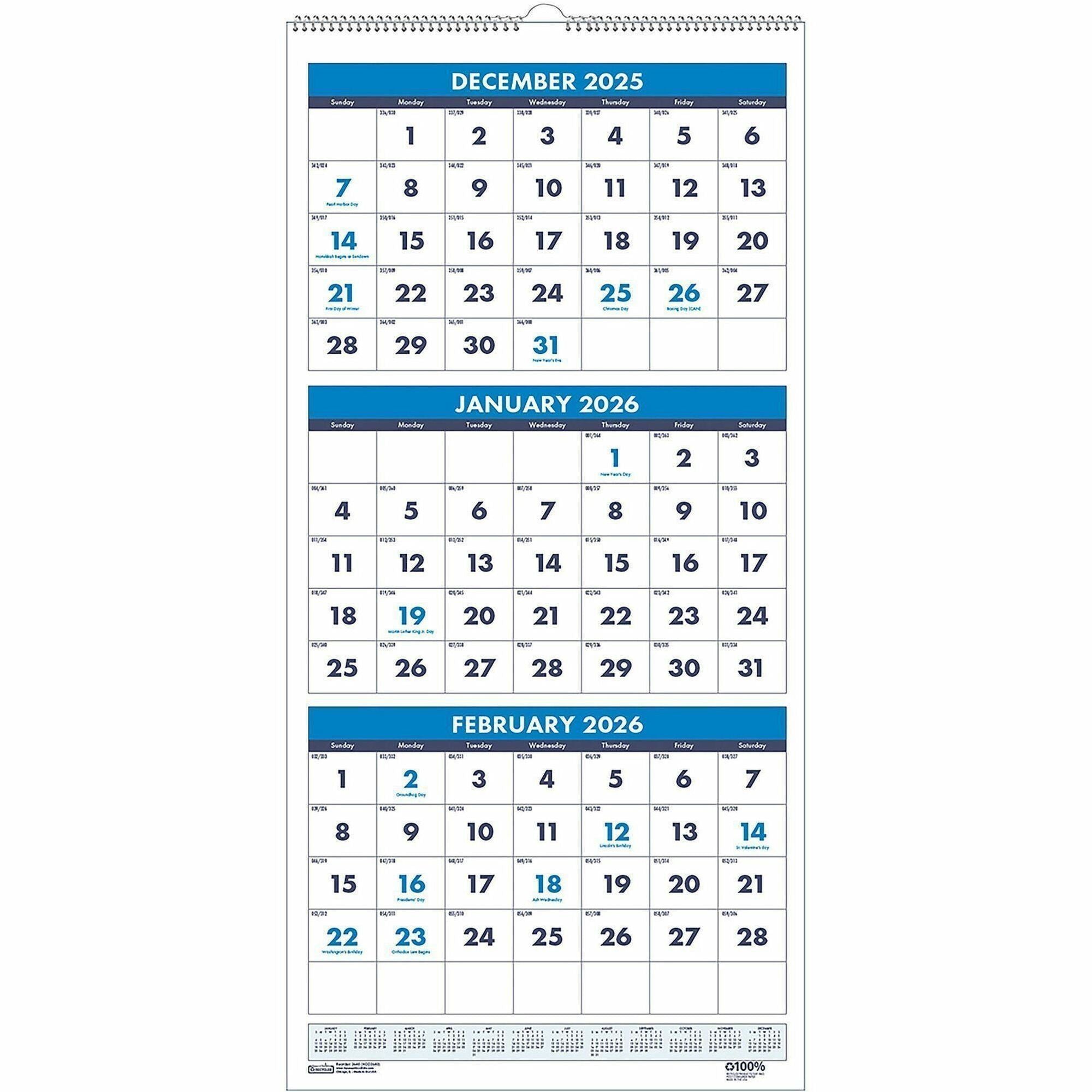 Julian Dates - Monthly - 14 Month - December 2025 to January 2027 - 3 Month Single Page Layout - 8" x 17" Sheet Size - 1" x 1.06" Block - Wire Bound - Blue, Green - Paper - Reference Calendar, Hanging Loop - 1 Each