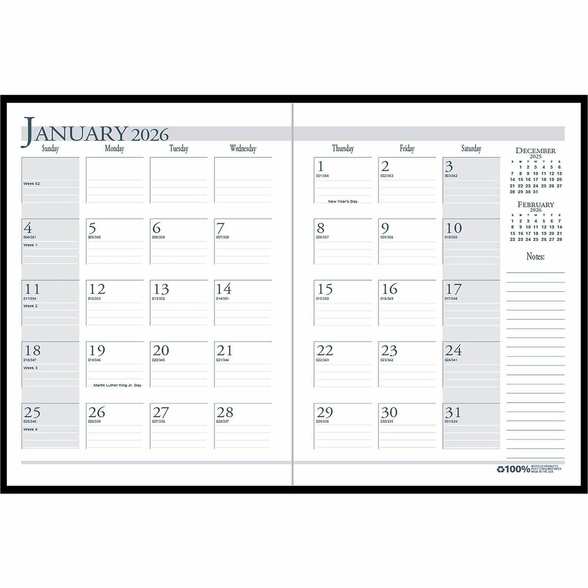 Julian Dates - Monthly - 14 Month - December 2025 to January 2027 - 1 Month Double Page Layout - 10" x 7" Block - Sewn - Black - Leatherette - Black Cover - Notes Area - 1 Each