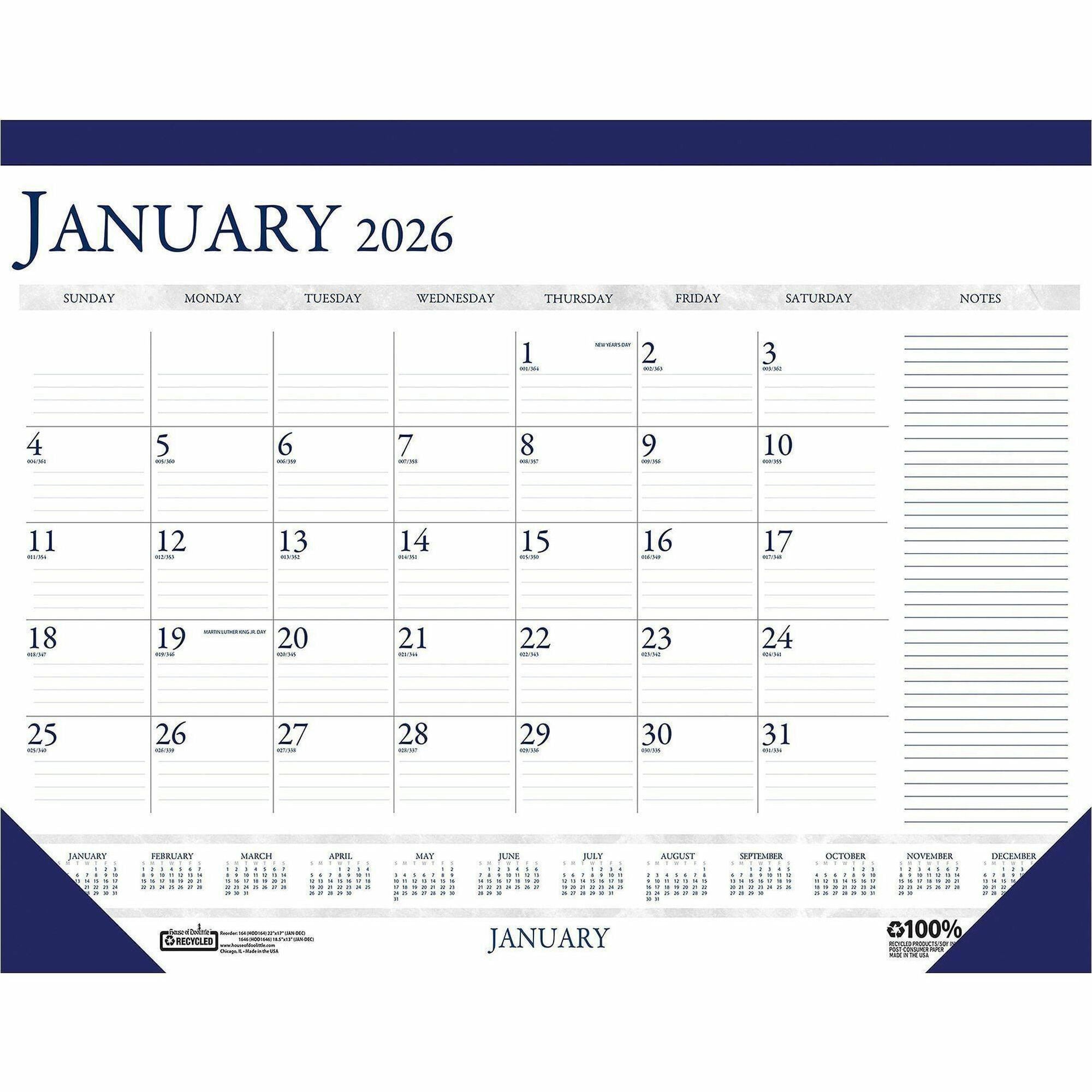 Julian Dates - Monthly - 12 Month - January 2026 to December 2026 - 1 Month Single Page Layout - 18 1/2" x 13" Sheet Size - 1.50" x 1.88" Block - Desk Pad - Blue, Gray - Paper, Chipboard - 13" Height x 18.5" Width - Reference Calendar, Reinforced - 1 Each