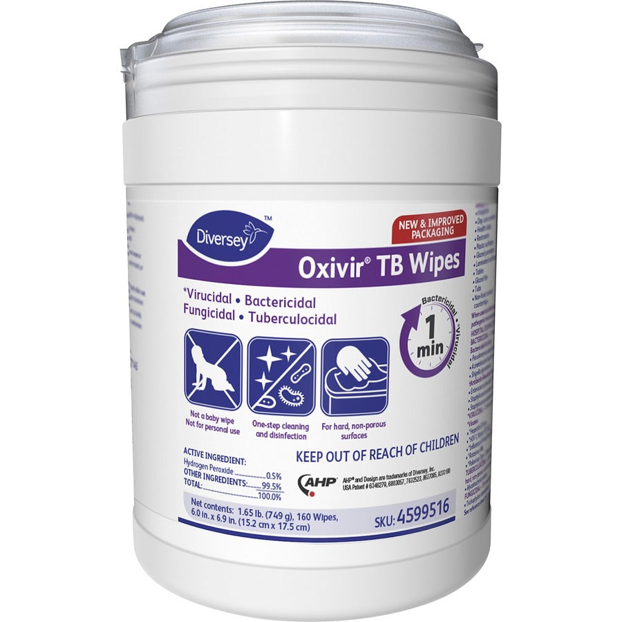 Diversey Oxivir Tb Wipes - For Multipurpose - Characteristic Scent - 7" Length x 6" Width - Recommended For: Bacteria Remover, Fungi Remover, Virus Remover, Blood Remover - Disinfectant, VOC-free - White - 160/Tub - 1 Each