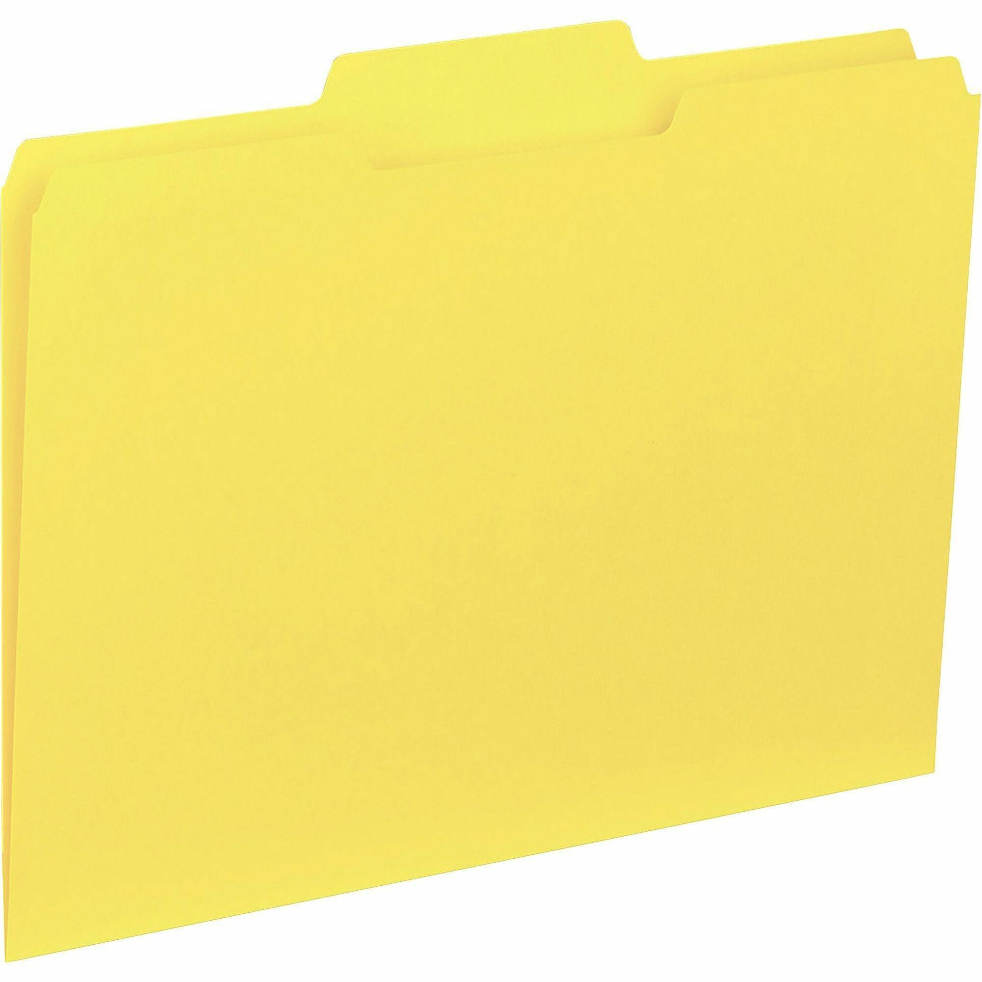 Business Source 1/3 Tab Cut Letter Recycled Top Tab File Folders, Yellow, 8.5" x 11", 11 pt., Assorted Tab Positions, 10% Recycled, 100/Box