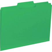 Business Source 1/3 Tab Cut Letter Recycled Top Tab File Folders, Green, 8.5" x 11", 11 pt., Assorted Tab Positions, 1 Ply, 10% Recycled, 100/Box