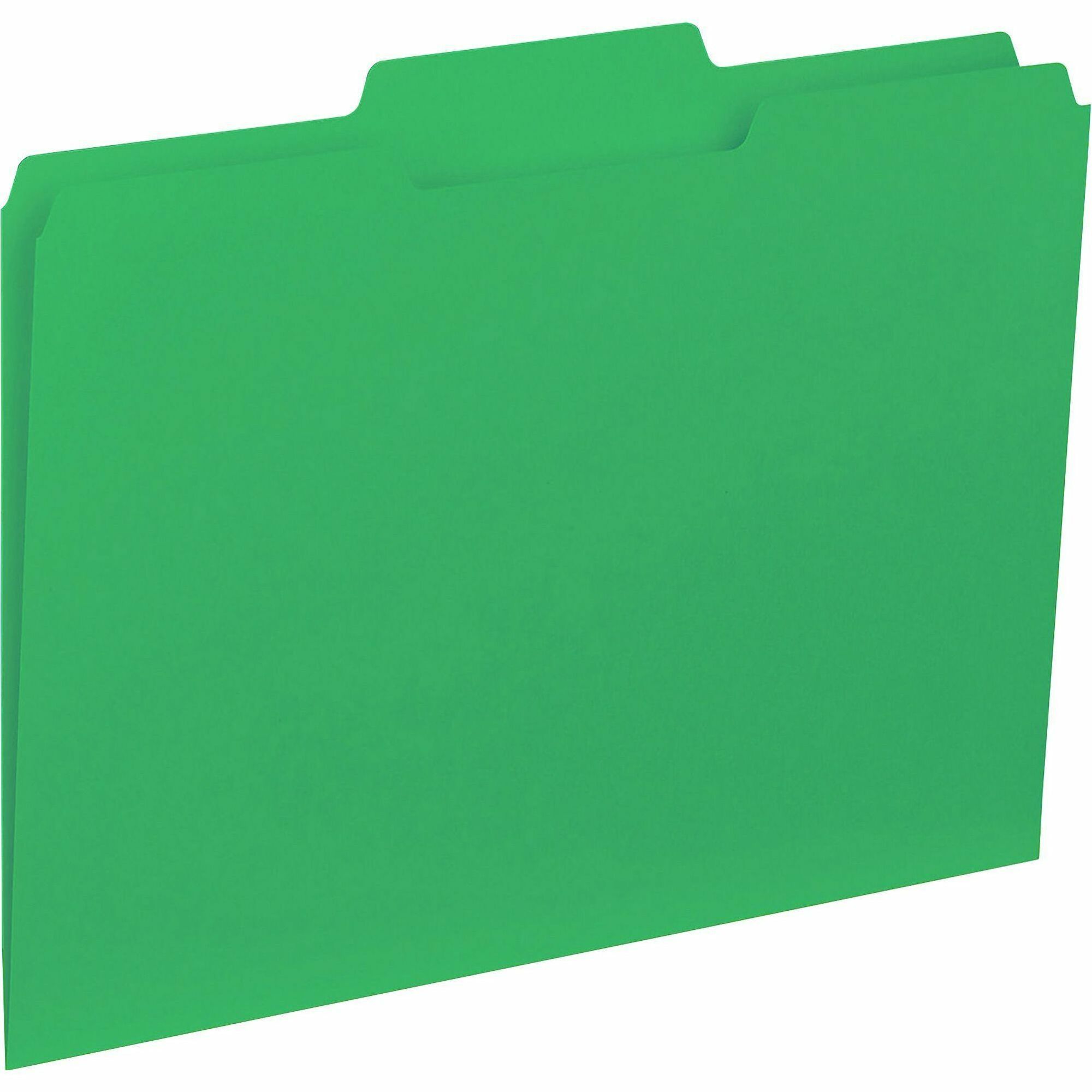 Business Source 1/3 Tab Cut Letter Recycled Top Tab File Folders, Green, 8.5" x 11", 11 pt., Assorted Tab Positions, 1 Ply, 10% Recycled, 100/Box