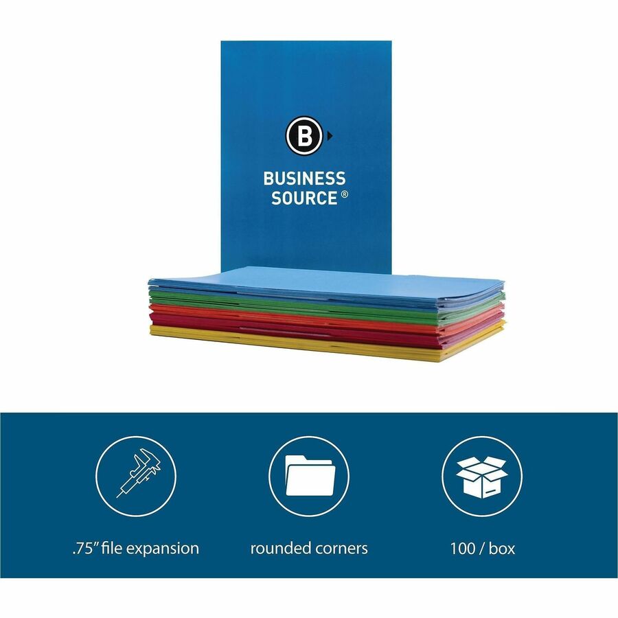 Business Source 1/3 Tab Cut Legal Recycled Top Tab File Folder - 8 1/2" x 14" - 3/4" Expansion - Top Tab Location - Assorted Tab Position - 11 pt. - 1 Plys - Assorted - Acid-free - 10% Recycled - 100 / Box
