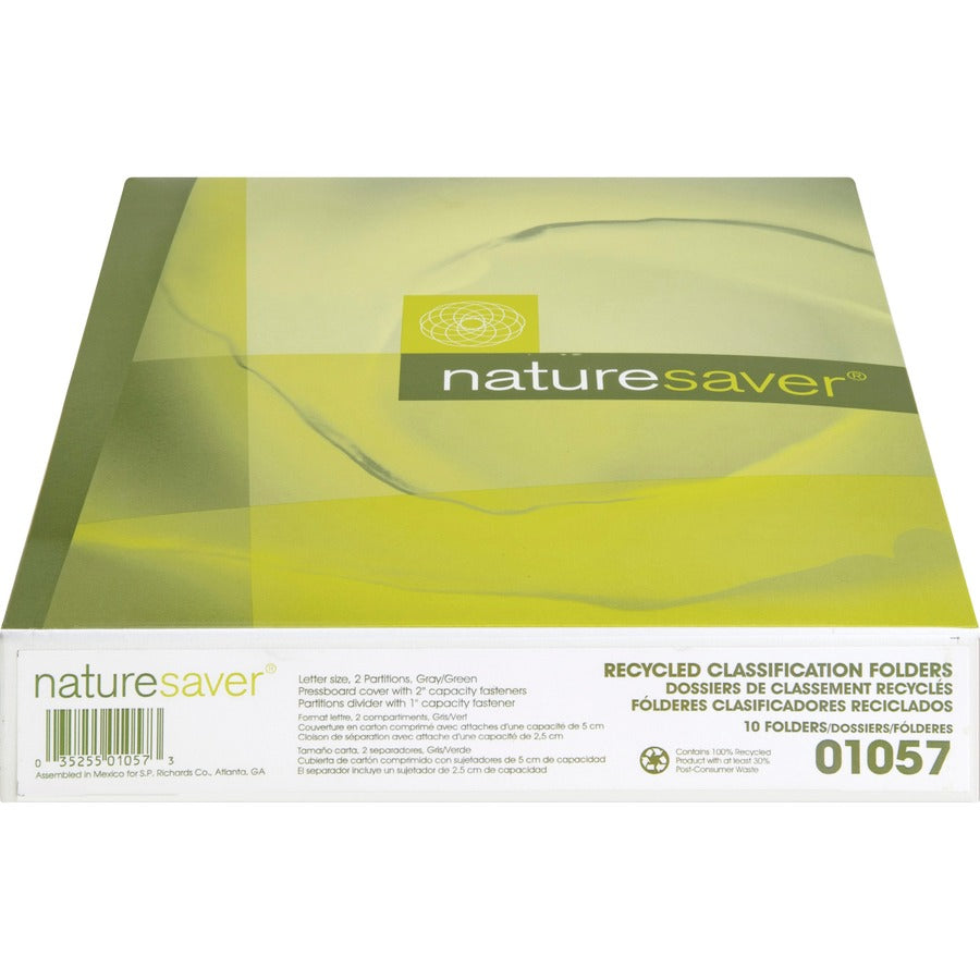 Nature Saver Recycled Classification Folders, 2/5 Tab Cut, Letter Size, 2" Expansion, 2 Dividers, Gray/Green, 100% Recycled, 10/Box