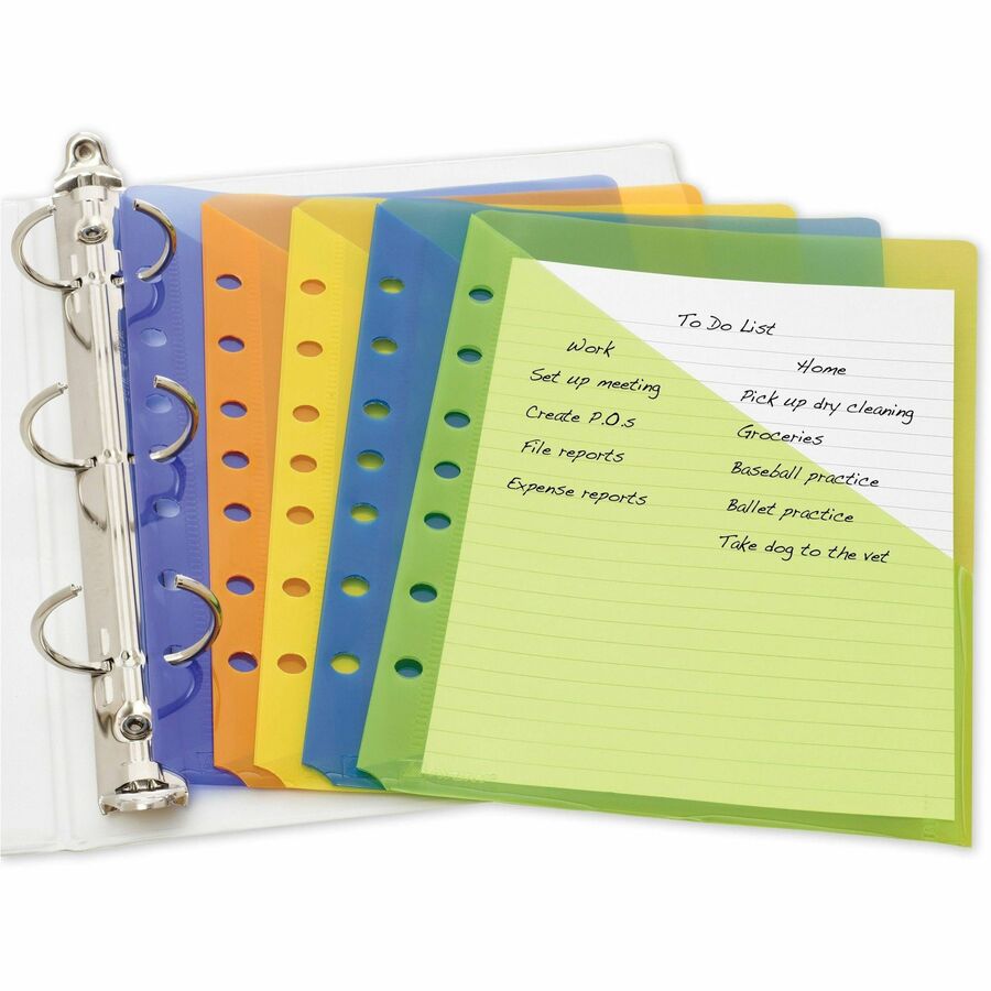 20 x Sheet, Paper, Photograph, Document Capacity - For 5 1/2" x 8 1/2" Sheet - 7 x Holes - Ring Binder - Rectangular - Green, Orange, Yellow, Purple, Blue - Polypropylene, Plastic - 5 / Pack