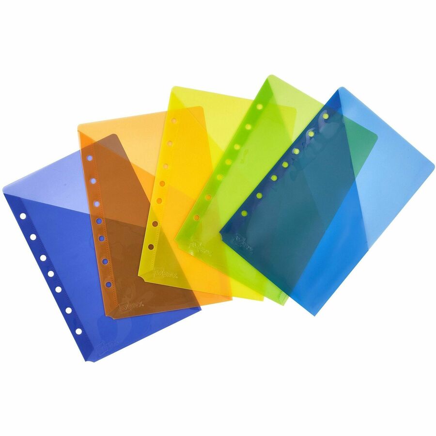 20 x Sheet, Paper, Photograph, Document Capacity - For 5 1/2" x 8 1/2" Sheet - 7 x Holes - Ring Binder - Rectangular - Green, Orange, Yellow, Purple, Blue - Polypropylene, Plastic - 5 / Pack