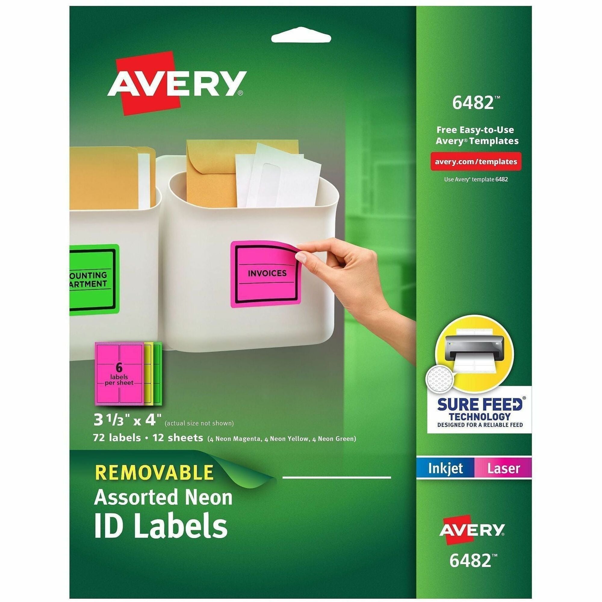 Avery&reg; ID Labels - 3 21/64" Width x 4" Length - Removable Adhesive - Rectangle - Inkjet, Laser - Neon Green, Neon Magenta, Neon Yellow - Paper - 6 / Sheet - 12 Total Sheets - 120 Total Label(s) - 72 / Pack