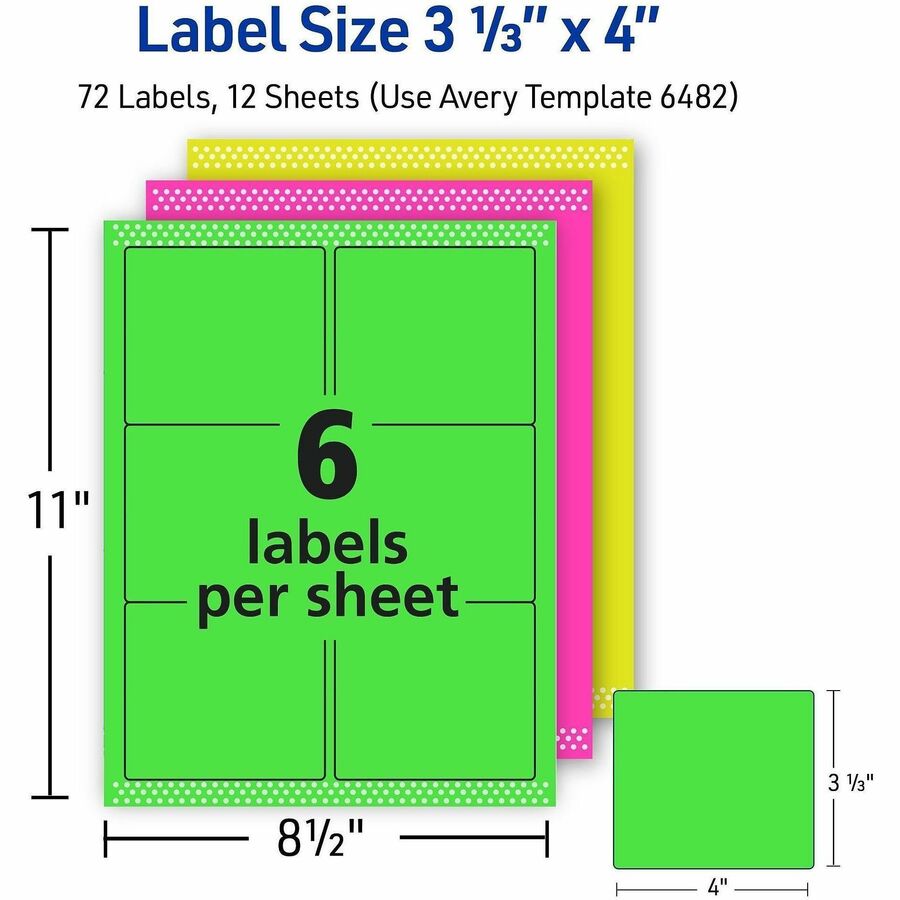 Avery&reg; ID Labels - 3 21/64" Width x 4" Length - Removable Adhesive - Rectangle - Inkjet, Laser - Neon Green, Neon Magenta, Neon Yellow - Paper - 6 / Sheet - 12 Total Sheets - 120 Total Label(s) - 72 / Pack