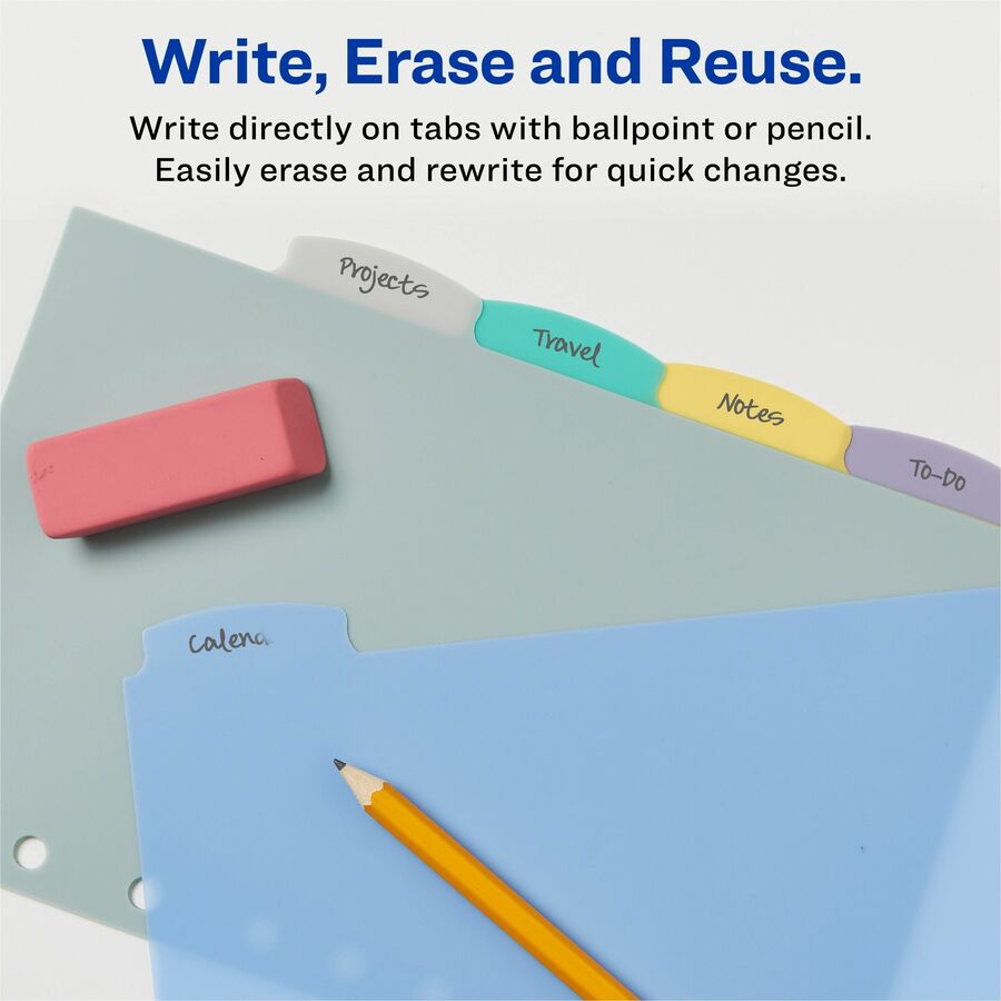 5 x Divider(s) - Write-on Tab(s) - 5 - 5 Tab(s)/Set - 5.5" Divider Width x 8.50" Divider Length - 7 Hole Punched - Multicolor Plastic Divider - Multicolor Plastic Tab(s) - Hole-punched, Writable, Erasable, Durable, Reusable, Tear Resistant - 5 / Set