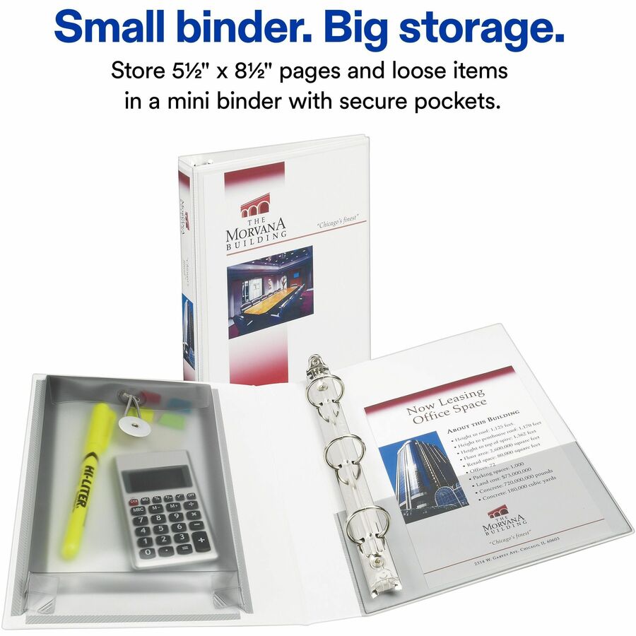 Avery&reg; Mini Durable View Protect & Store(TM) Binder, 1" Round Rings, 175-Sheet Capacity, 5-1/2" x 8-1/2" , White (23011)