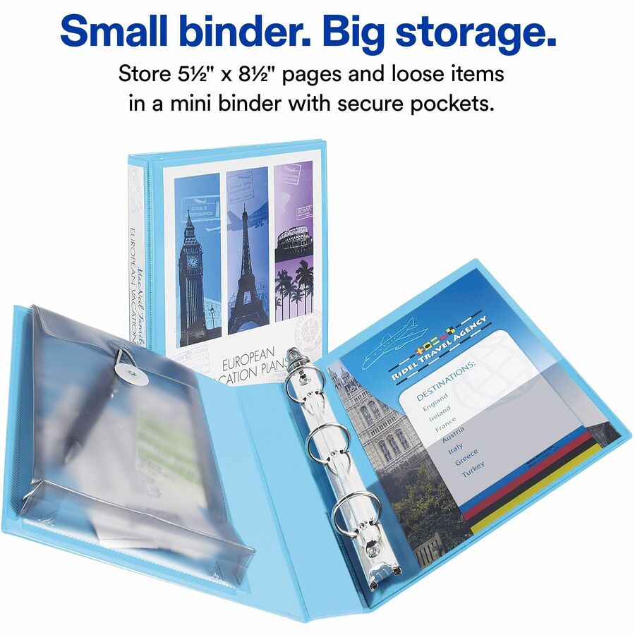 1" Binder Capacity - Half-letter - 5 1/2" x 8 1/2" Sheet Size - 175 Sheet Capacity - 175 Ring(s) - Fastener(s): Round Ring - Pocket(s): 2 - Polypropylene - Adhesive, Durable, Pocket, Recyclable, Water Resistant - 1 Each