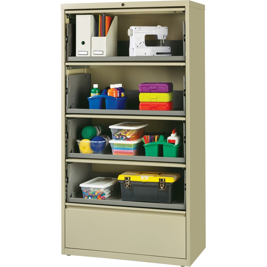 Lorell Fortress Lateral File with Roll-Out Shelf - 36" Width x 18.6" Depth x 68.8" Height - 5 x Drawer(s) for File - A4, Legal, Letter - Ball-bearing Suspension, Recessed Handle, Leveling Glide, Heavy Duty, Interlocking - Putty - Steel - Recycled