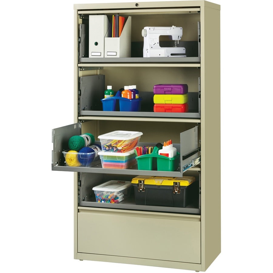 Lorell Fortress Lateral File with Roll-Out Shelf - 36" Width x 18.6" Depth x 68.8" Height - 5 x Drawer(s) for File - A4, Legal, Letter - Ball-bearing Suspension, Recessed Handle, Leveling Glide, Heavy Duty, Interlocking - Putty - Steel - Recycled