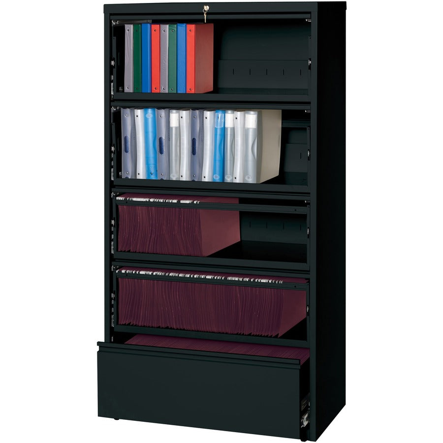 Lorell Fortress Lateral File with Roll-Out Shelf - 36" Width x 18.6" Depth x 69" Height - 5 x Drawer(s) for File - Legal, Letter, A4 - Leveling Glide, Ball-bearing Suspension, Interlocking, Heavy Duty, Recessed Handle - Black - Steel - Recycled