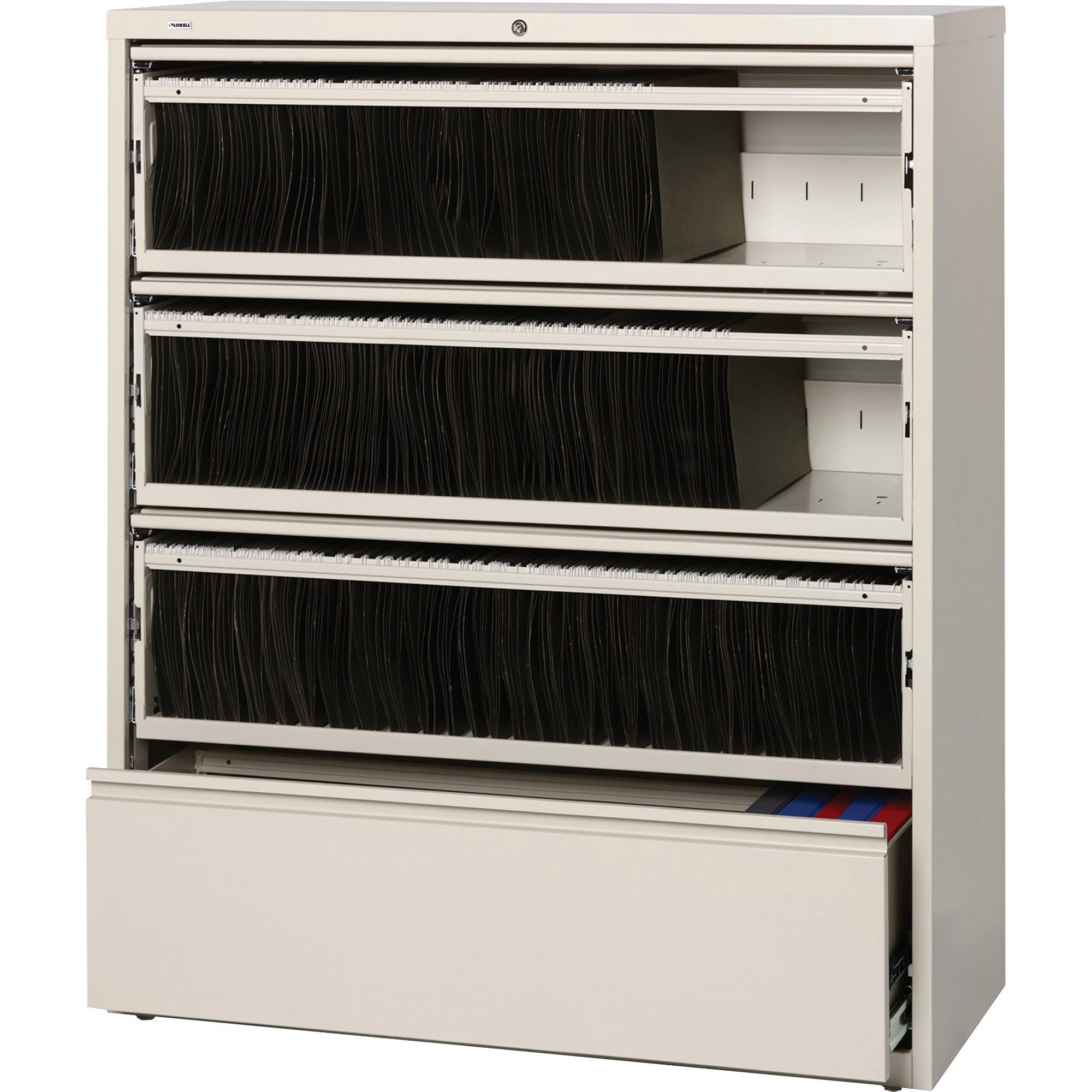 Lorell Fortress Lateral File with Roll-Out Shelf - 42" Width x 18.6" Depth x 52.5" Height - 4 x Drawer(s) for File - Legal, A4, Letter - Heavy Duty, Recessed Handle, Ball-bearing Suspension, Leveling Glide, Interlocking - Putty - Steel - Recycled