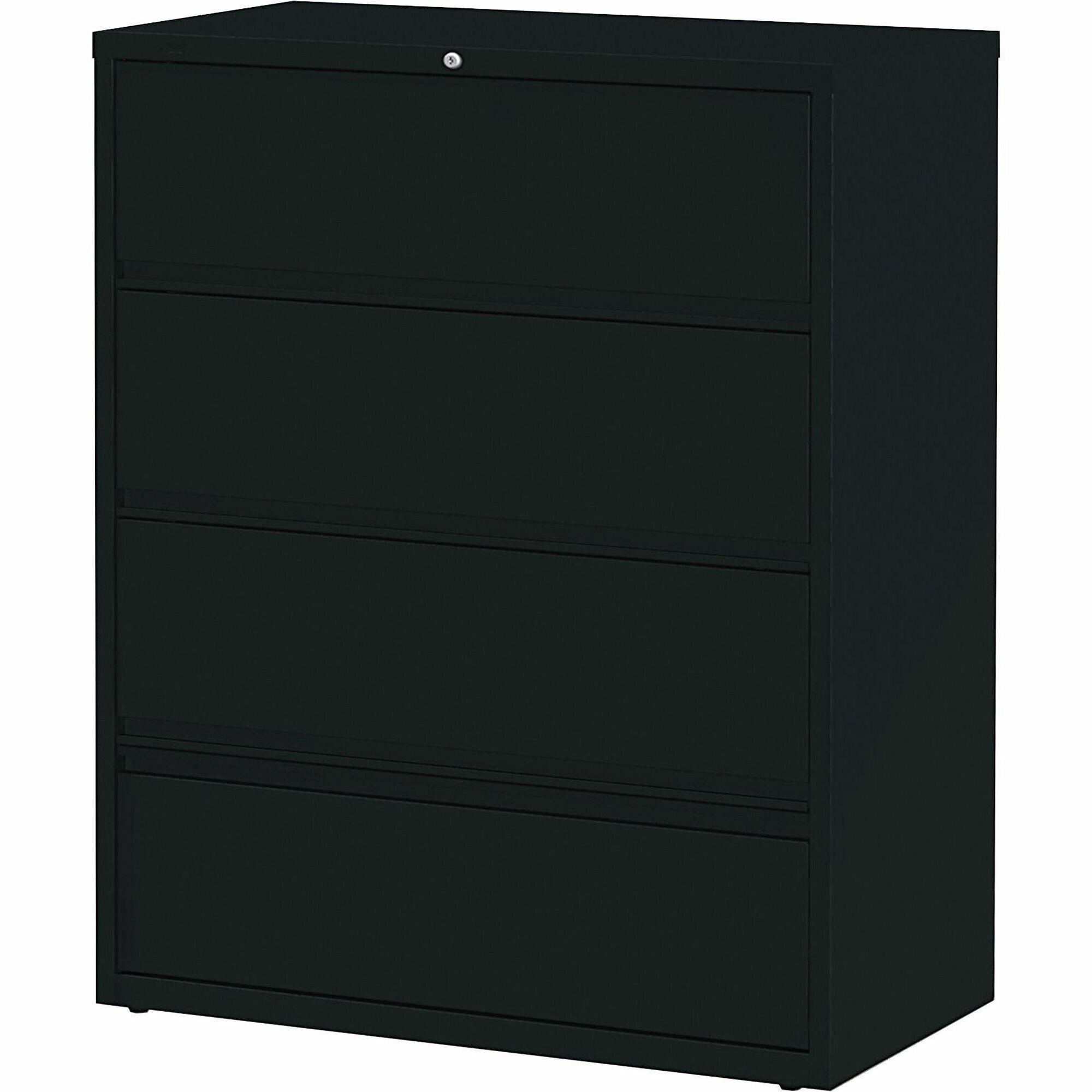 Lorell Fortress Lateral File with Roll-Out Shelf - 42" Width x 18.6" Depth x 52.5" Height - 4 x Drawer(s) for File - Letter, A4, Legal - Leveling Glide, Heavy Duty, Recessed Handle, Ball-bearing Suspension, Interlocking - Black - Metal - Recycled