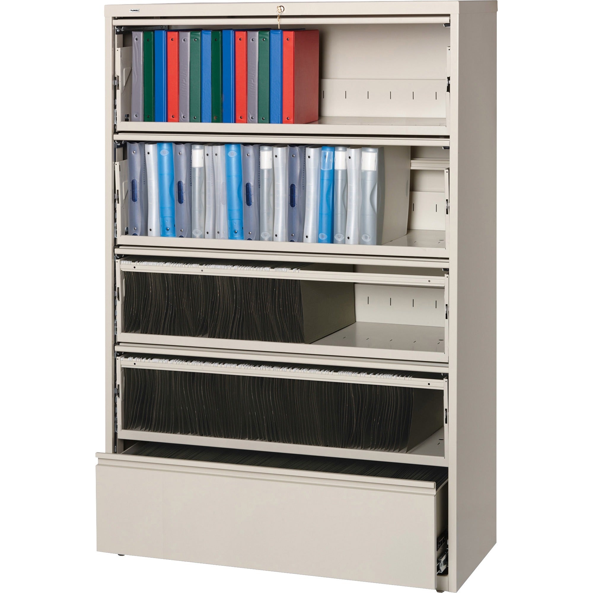 Lorell Fortress Lateral File with Roll-Out Shelf - 42" Width x 18.6" Depth x 68.8" Height - 5 x Drawer(s) for File - Legal, Letter, A4 - Recessed Handle, Ball-bearing Suspension, Leveling Glide, Heavy Duty, Interlocking - Putty - Steel - Recycled