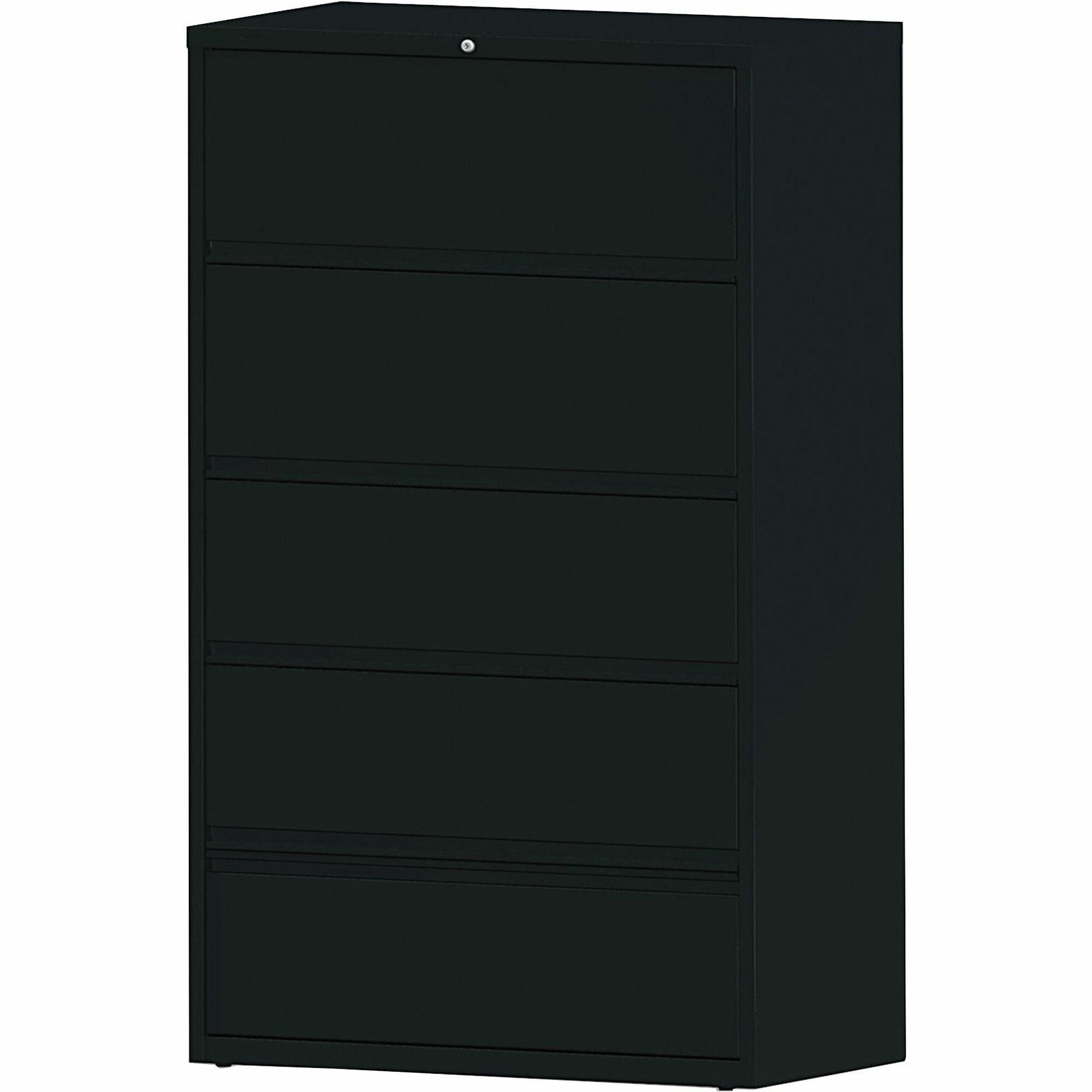Lorell Fortress Lateral File with Roll-Out Shelf - 42" Width x 18.6" Depth x 68.8" Height - 5 x Drawer(s) for File - Letter, A4, Legal - Interlocking, Heavy Duty, Ball-bearing Suspension, Leveling Glide, Recessed Handle - Black - Steel - Recycled