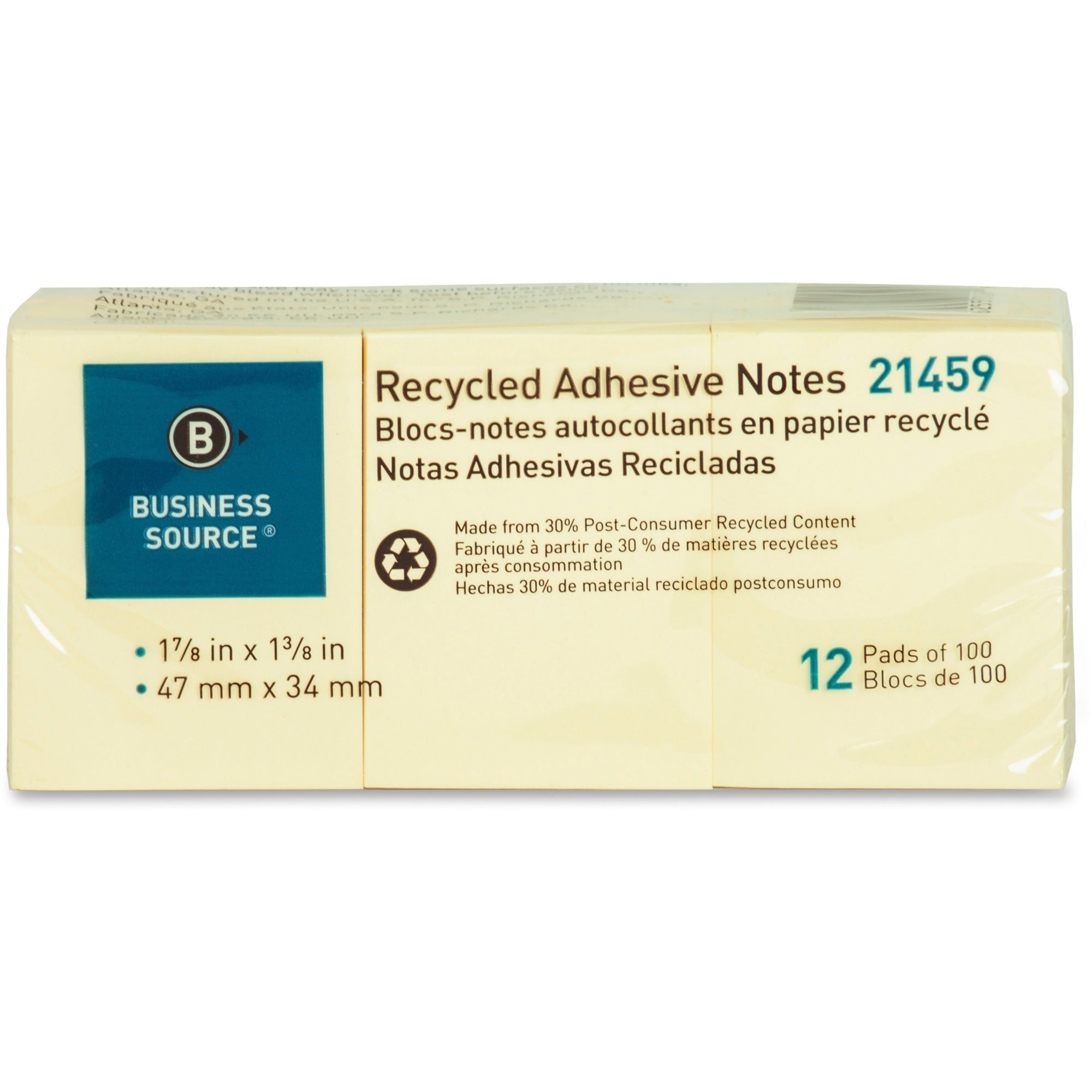 Business Source Yellow Adhesive Notes - 1 7/8" Flag/Note Width x 1 3/8" Flag/Note Length - Rectangle - Unruled - Yellow - Self-adhesive, Removable - Recycled - 1 Pack