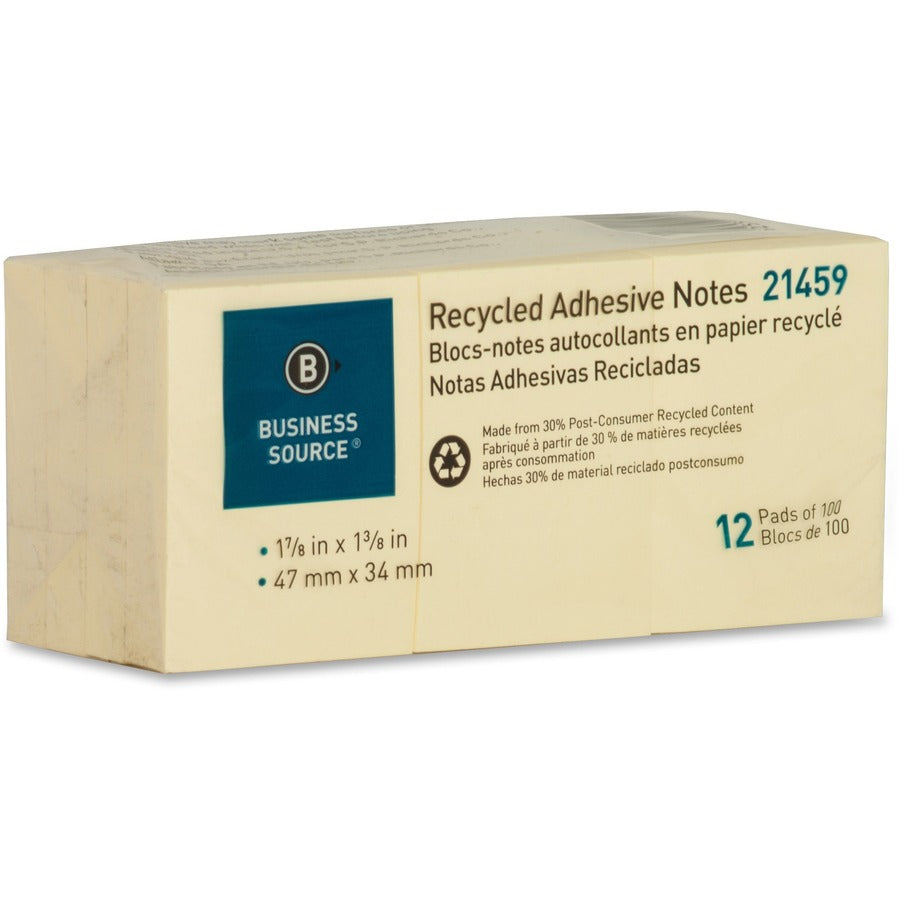 Business Source Yellow Adhesive Notes - 1 7/8" Flag/Note Width x 1 3/8" Flag/Note Length - Rectangle - Unruled - Yellow - Self-adhesive, Removable - Recycled - 1 Pack