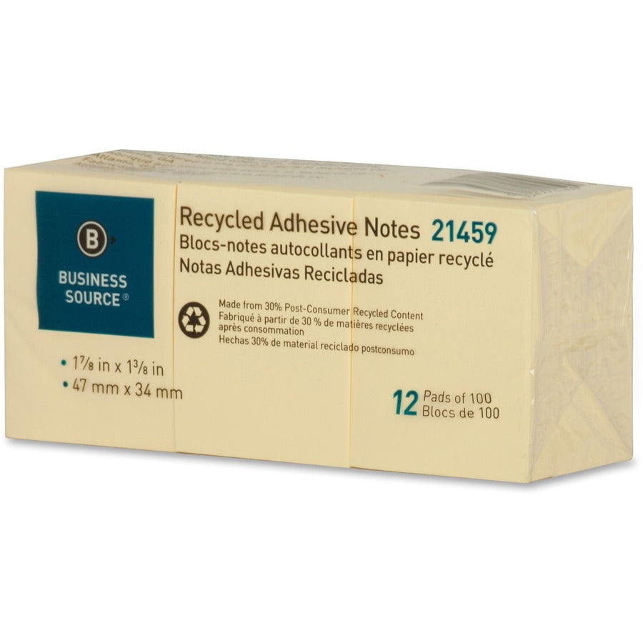 Business Source Yellow Adhesive Notes - 1 7/8" Flag/Note Width x 1 3/8" Flag/Note Length - Rectangle - Unruled - Yellow - Self-adhesive, Removable - Recycled - 1 Pack