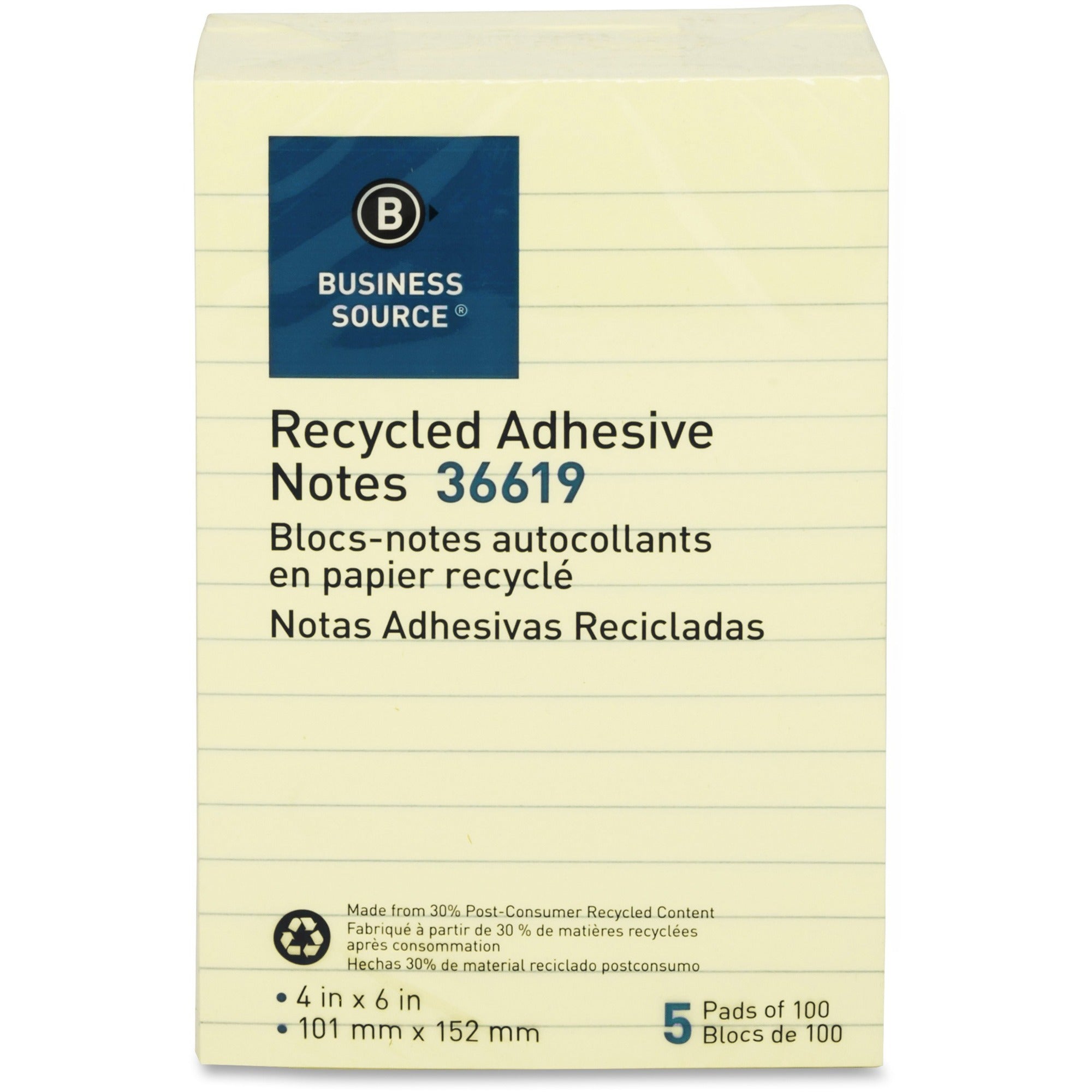 Business Source Yellow Adhesive Notes - 4" Flag/Note Width x 6" Flag/Note Length - Rectangle - Ruled - Yellow - Self-adhesive, Removable - Recycled - 1 Pack
