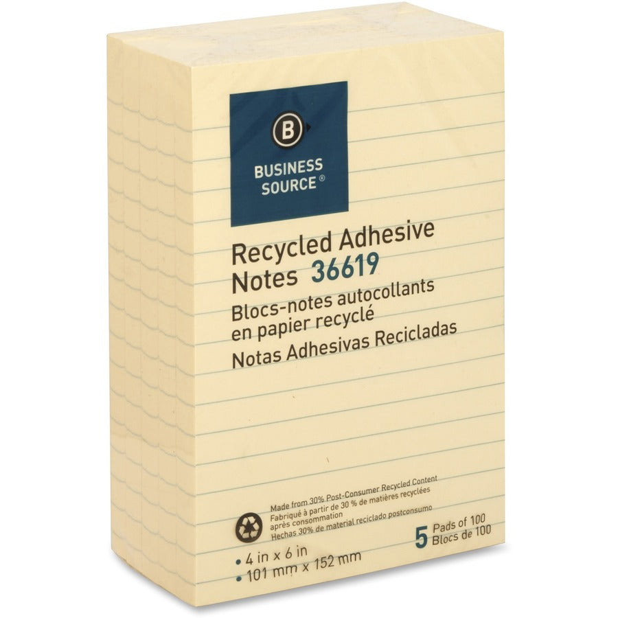 Business Source Yellow Adhesive Notes - 4" Flag/Note Width x 6" Flag/Note Length - Rectangle - Ruled - Yellow - Self-adhesive, Removable - Recycled - 1 Pack
