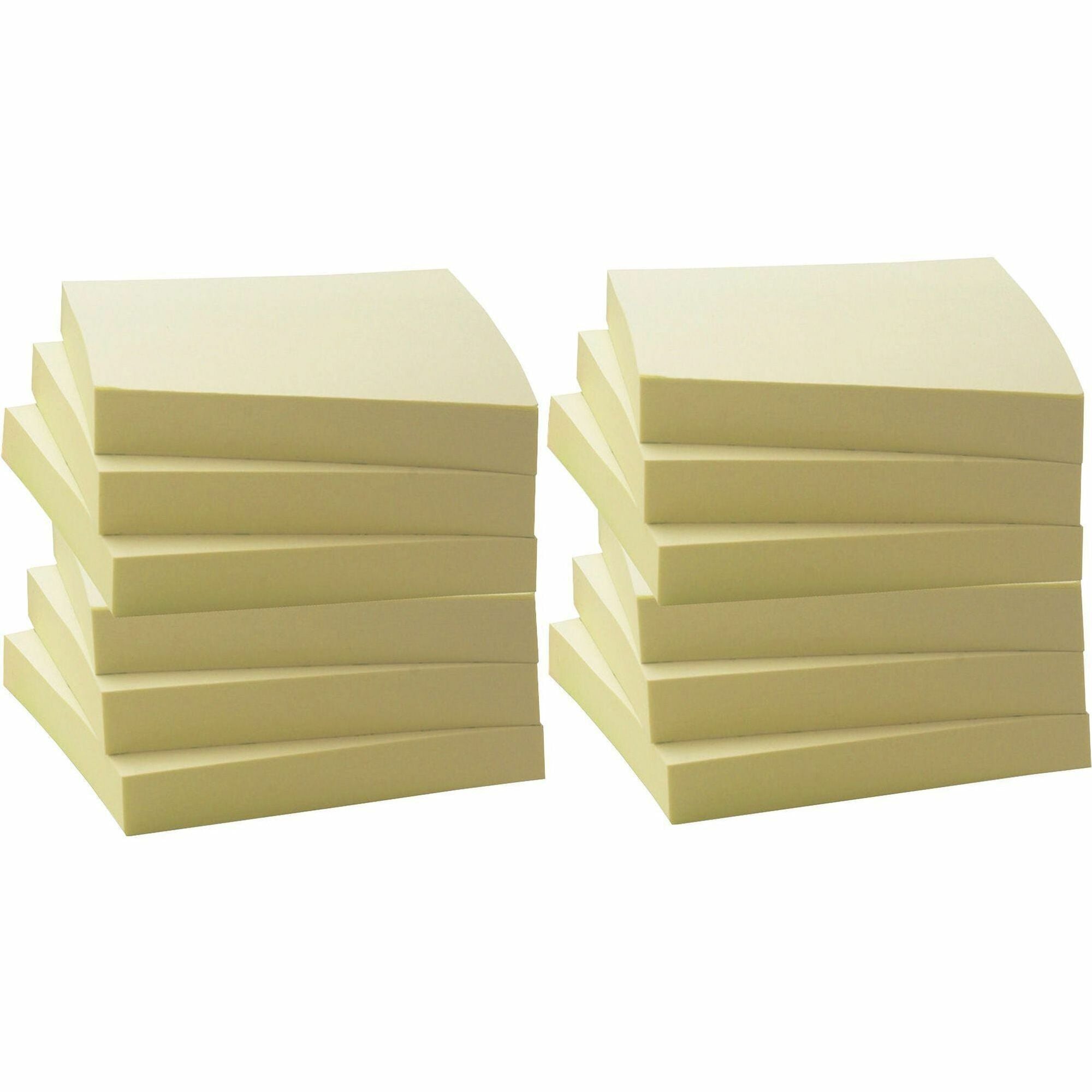 Business Source Yellow Adhesive Notes - 3" Flag/Note Width x 3" Flag/Note Length - Square - 100 Sheets per Pad - Unruled - Yellow - Self-adhesive, Removable - Recycled - 12 / Pack